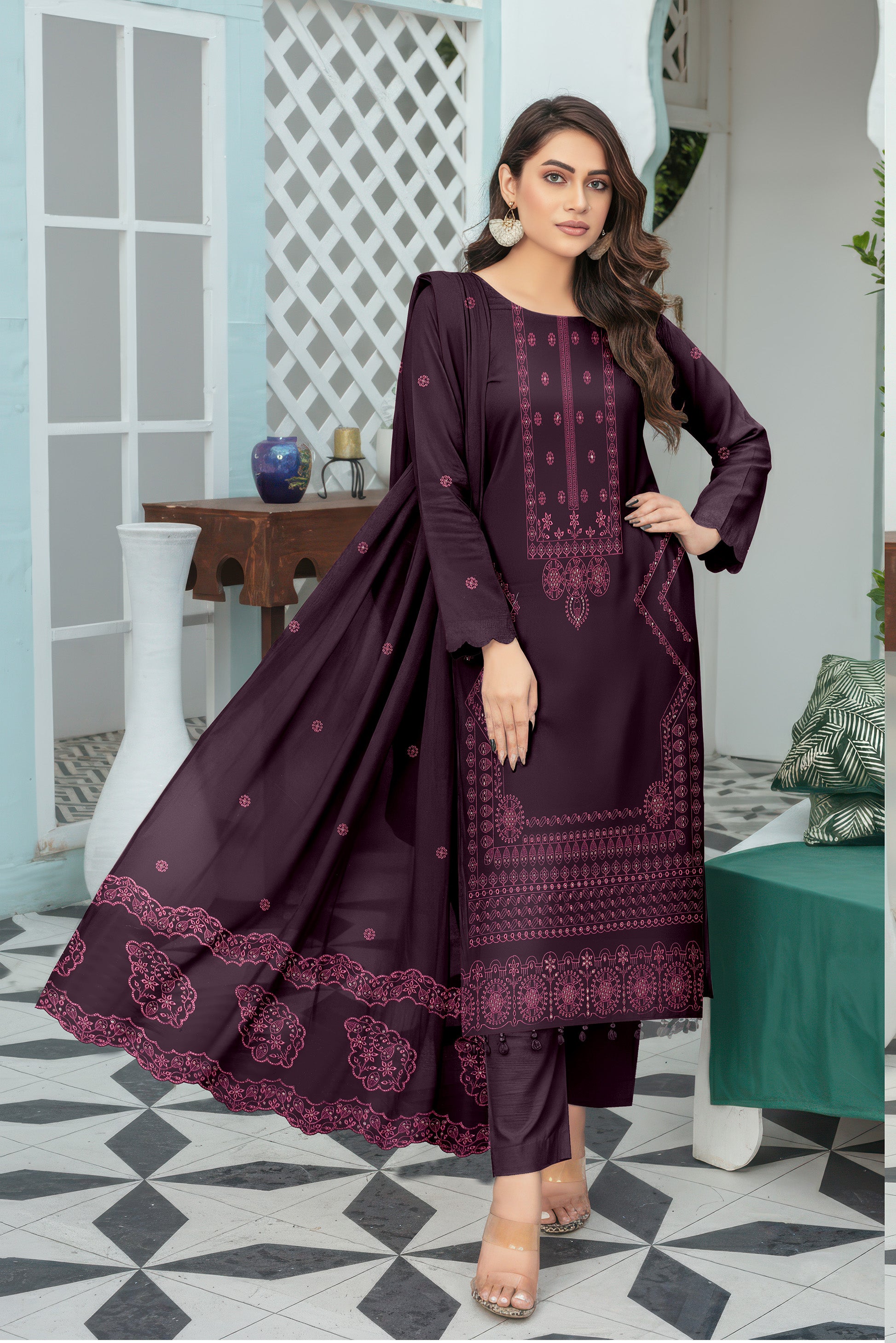 SASSI PEACH WOOL EMB Shirt & Dupatta Vol-2581