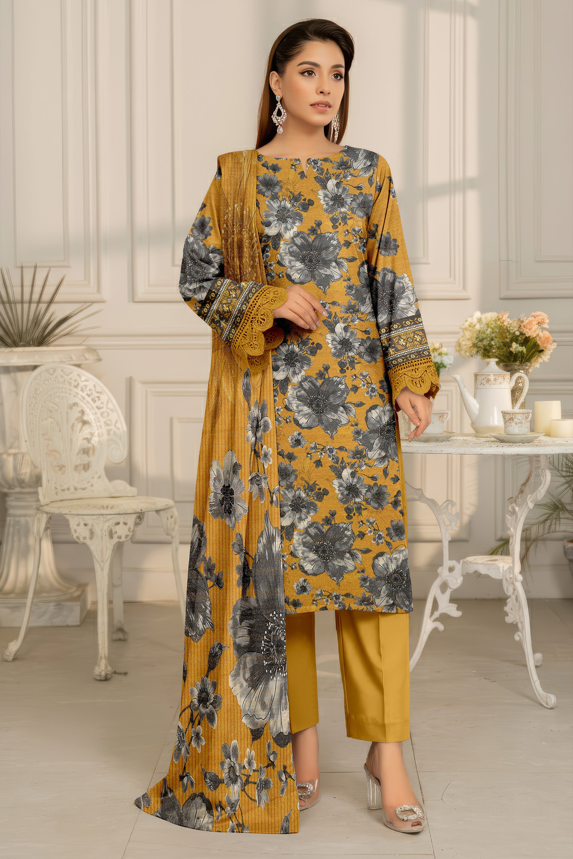 SASSI PEACH WOOL PRINT Shirt & Dupatta Vol-2442