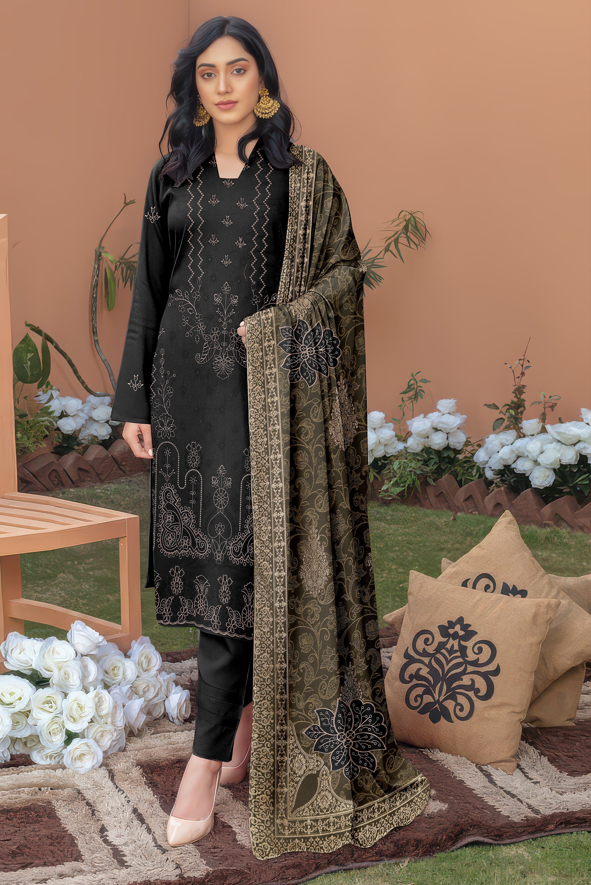 SASSI PEACH WOOL EMB Shirt & Dupatta Vol-2555