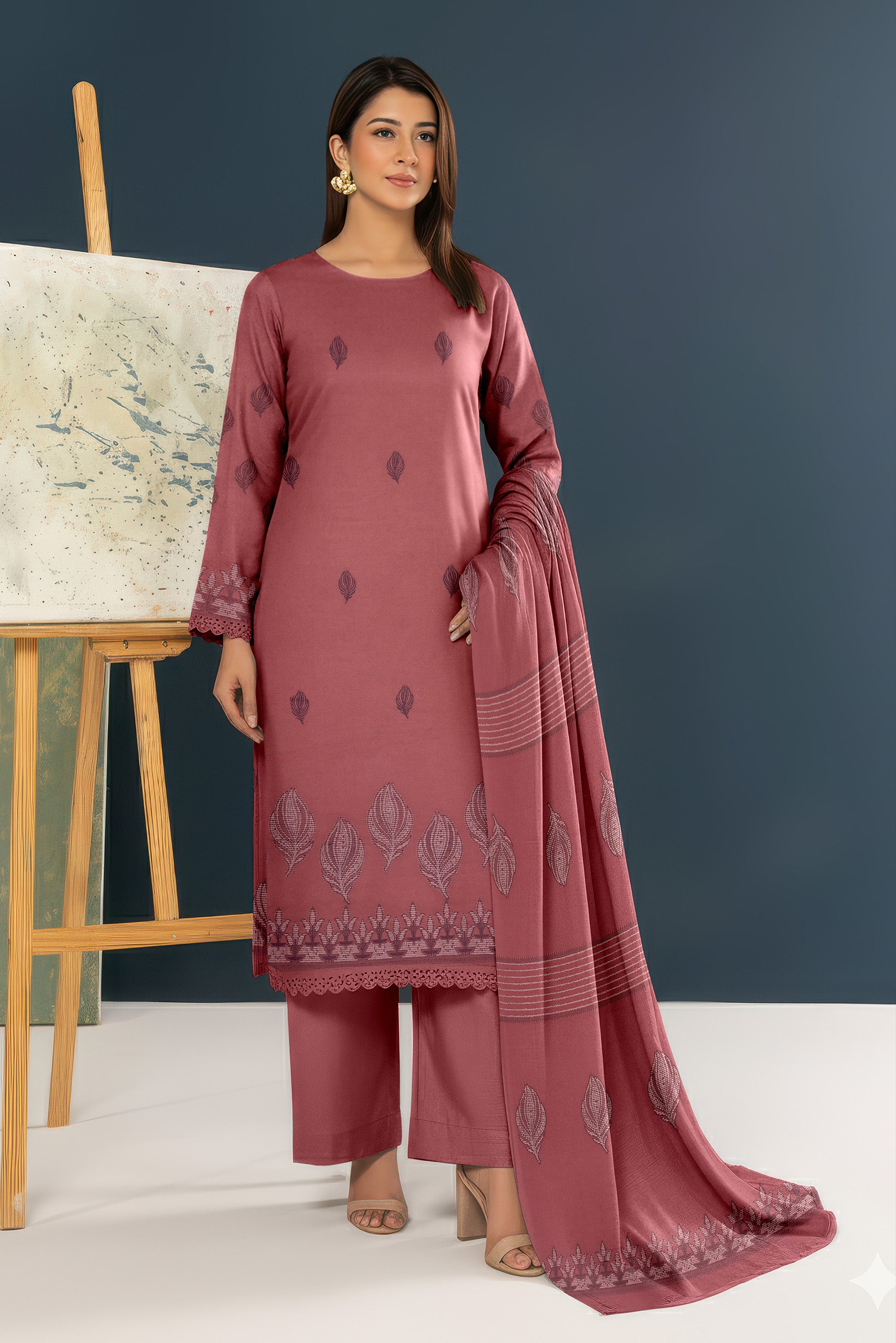 SASSI PEACH WOOL Print Shirt & Dupatta Vol-2584