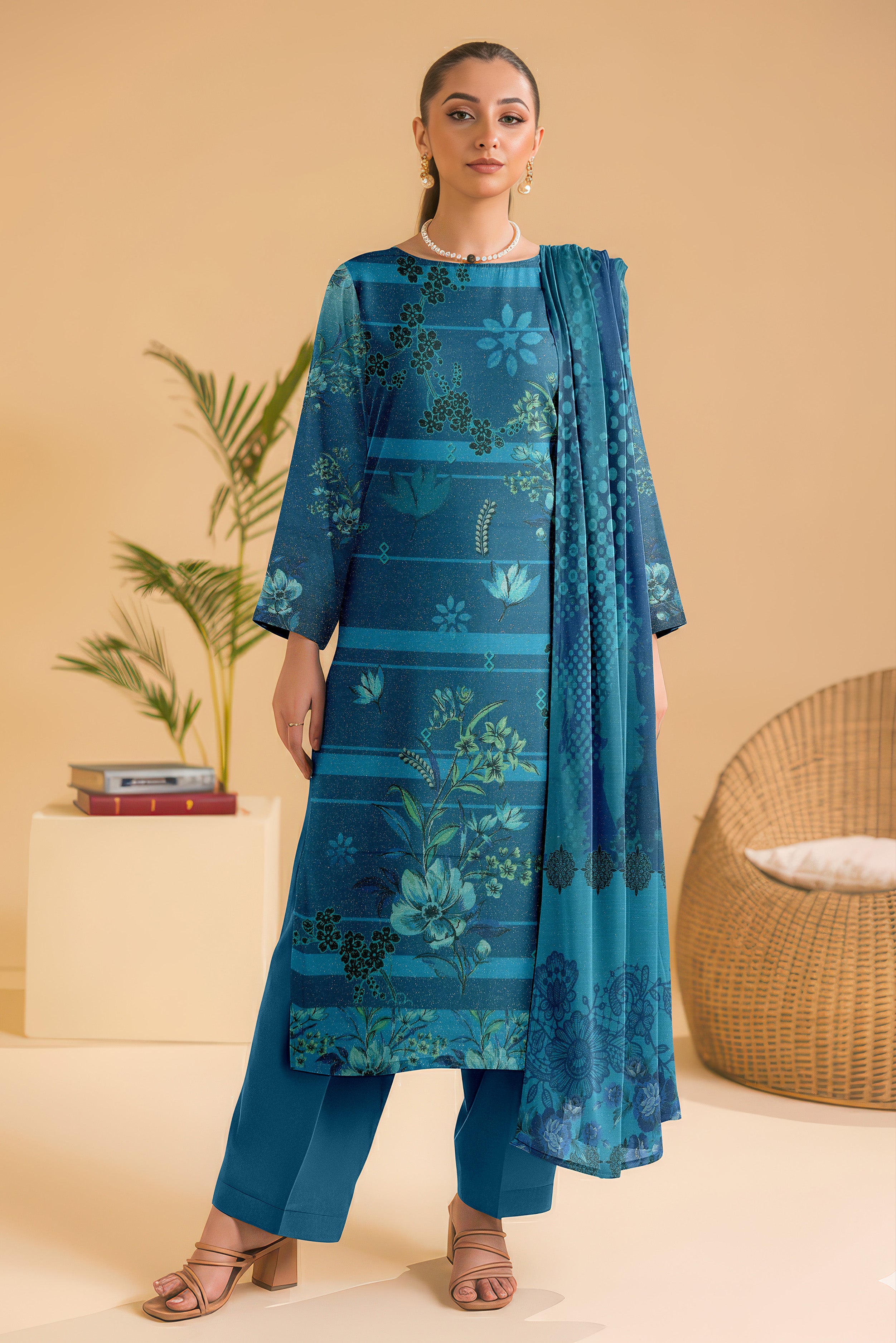 SASSI PEACH WOOL PRINT Shirt & Dupatta Vol-2445