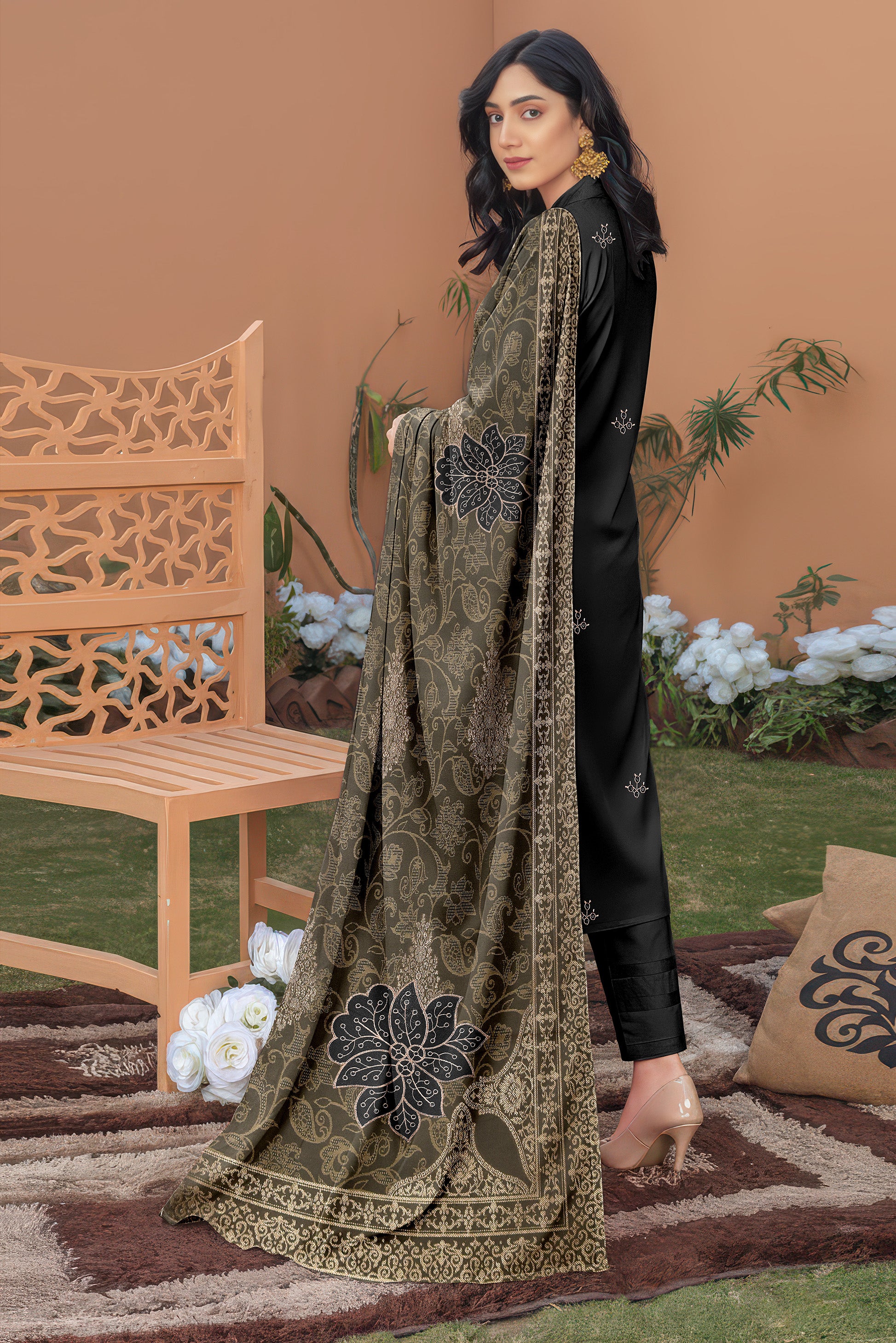 SASSI PEACH WOOL EMB Shirt & Dupatta Vol-2555