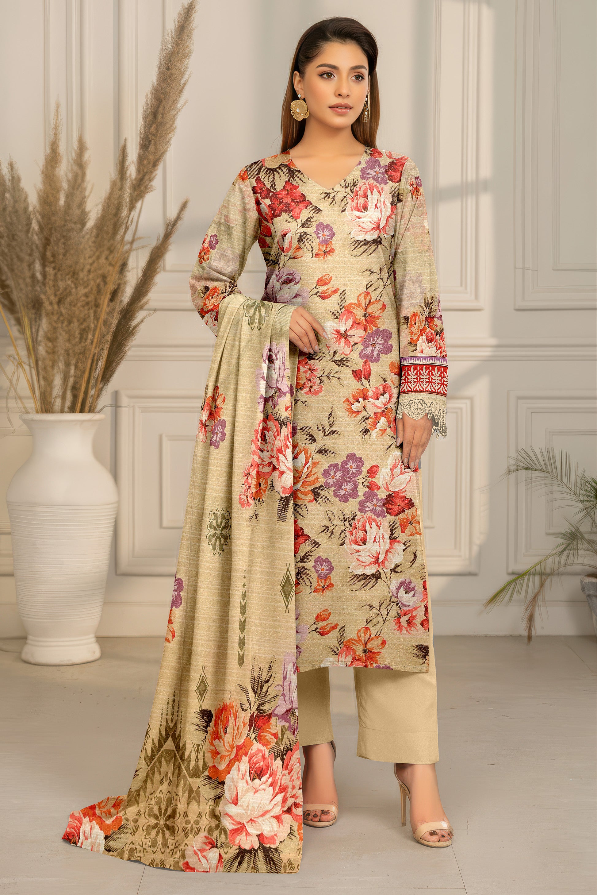 SASSI PEACH WOOL PRINT Shirt & Dupatta Vol-2442