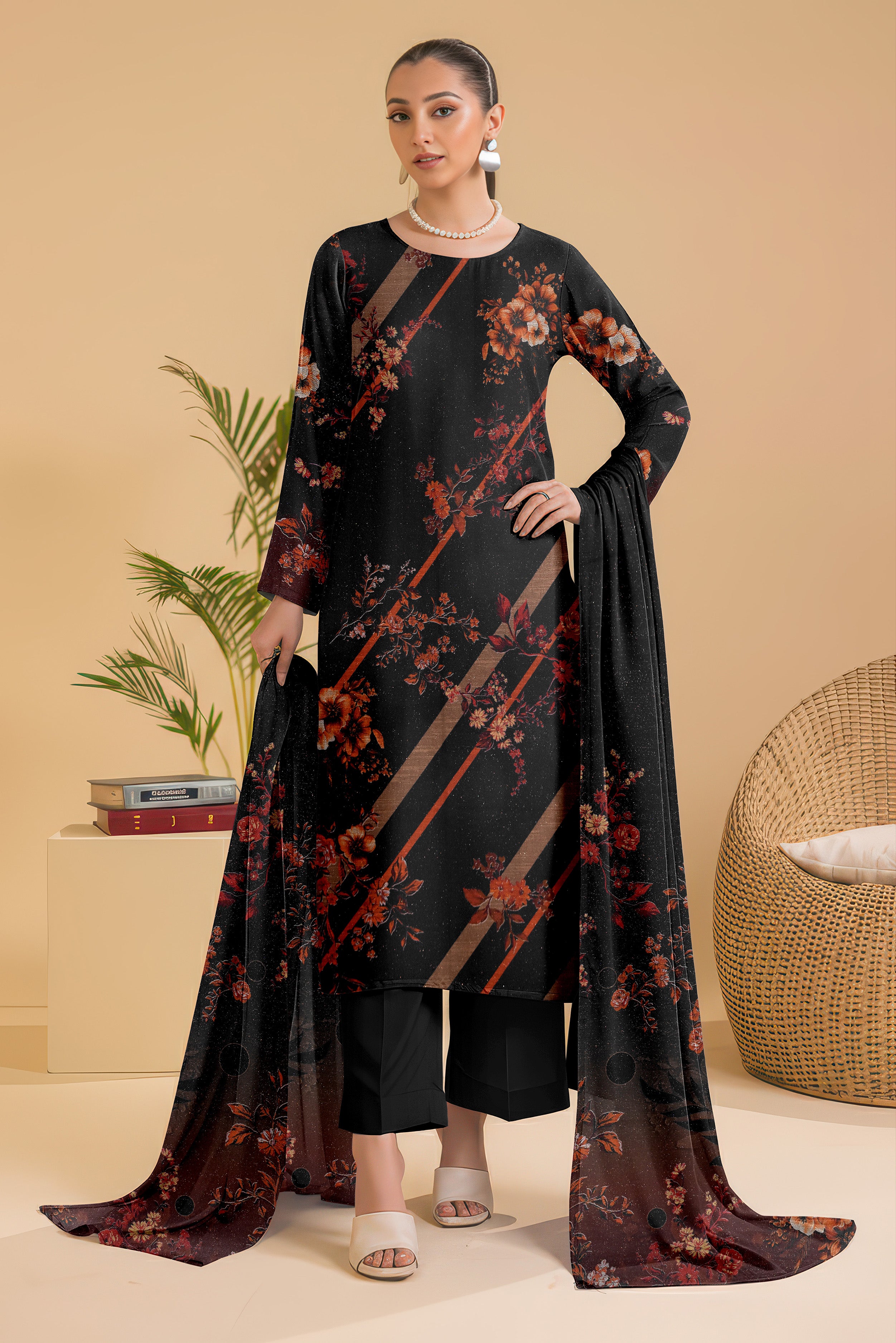 SASSI PEACH WOOL PRINT Shirt & Dupatta Vol-2445