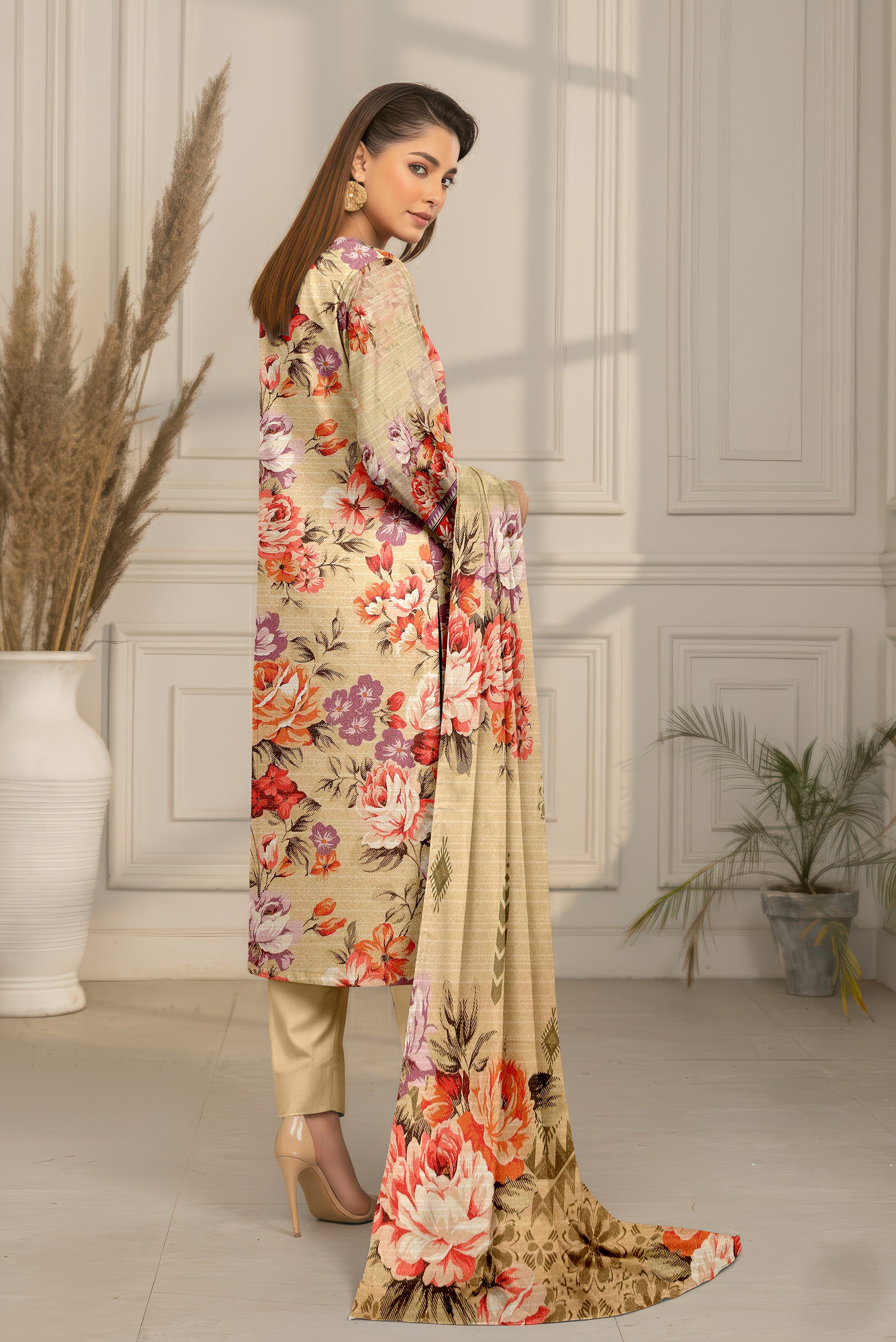 SASSI PEACH WOOL PRINT Shirt & Dupatta Vol-2442
