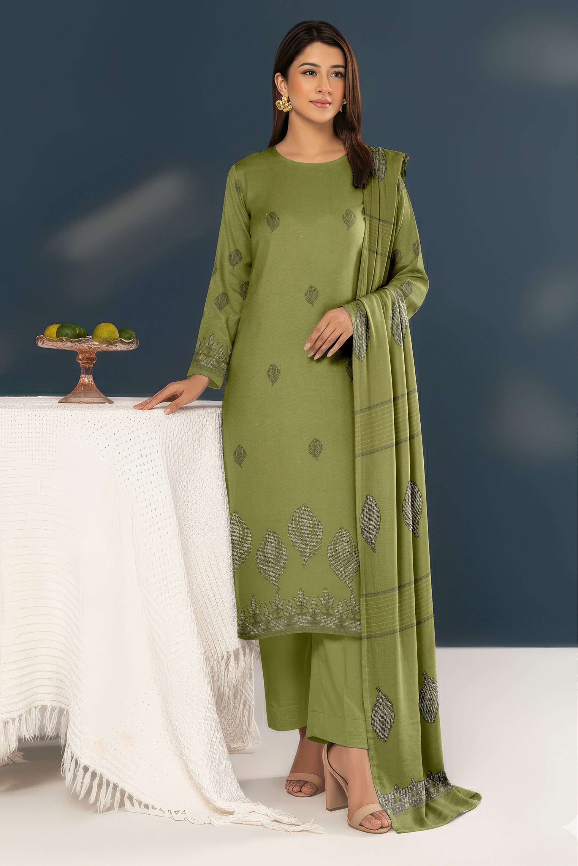 SASSI PEACH WOOL Print Shirt & Dupatta Vol-2584