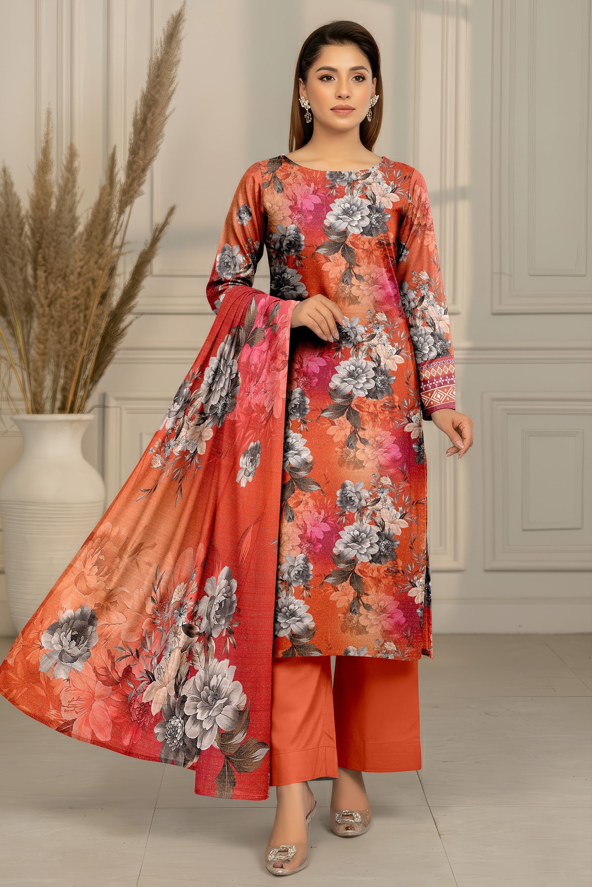 SASSI PEACH WOOL PRINT Shirt & Dupatta Vol-2442