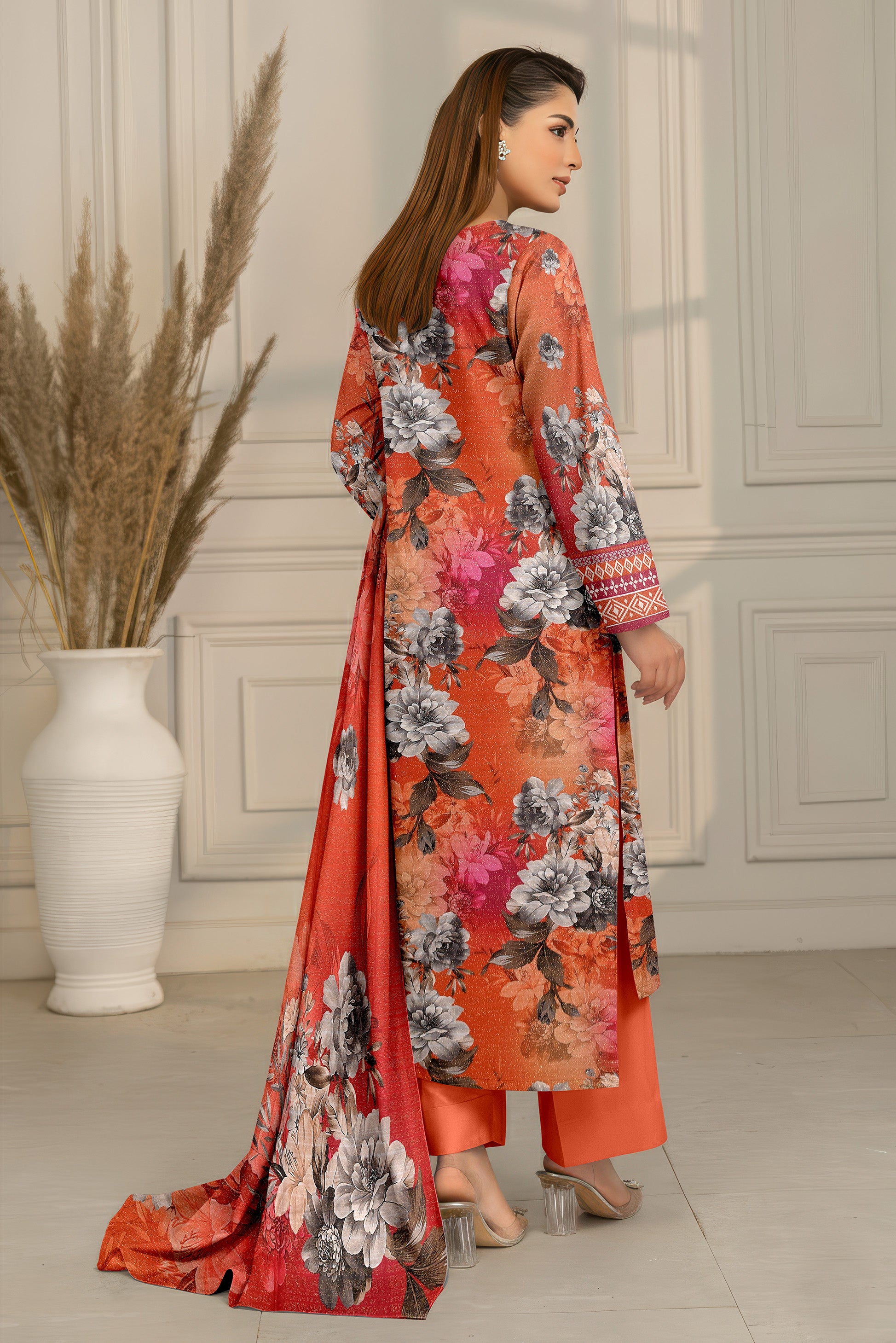 SASSI PEACH WOOL PRINT Shirt & Dupatta Vol-2442