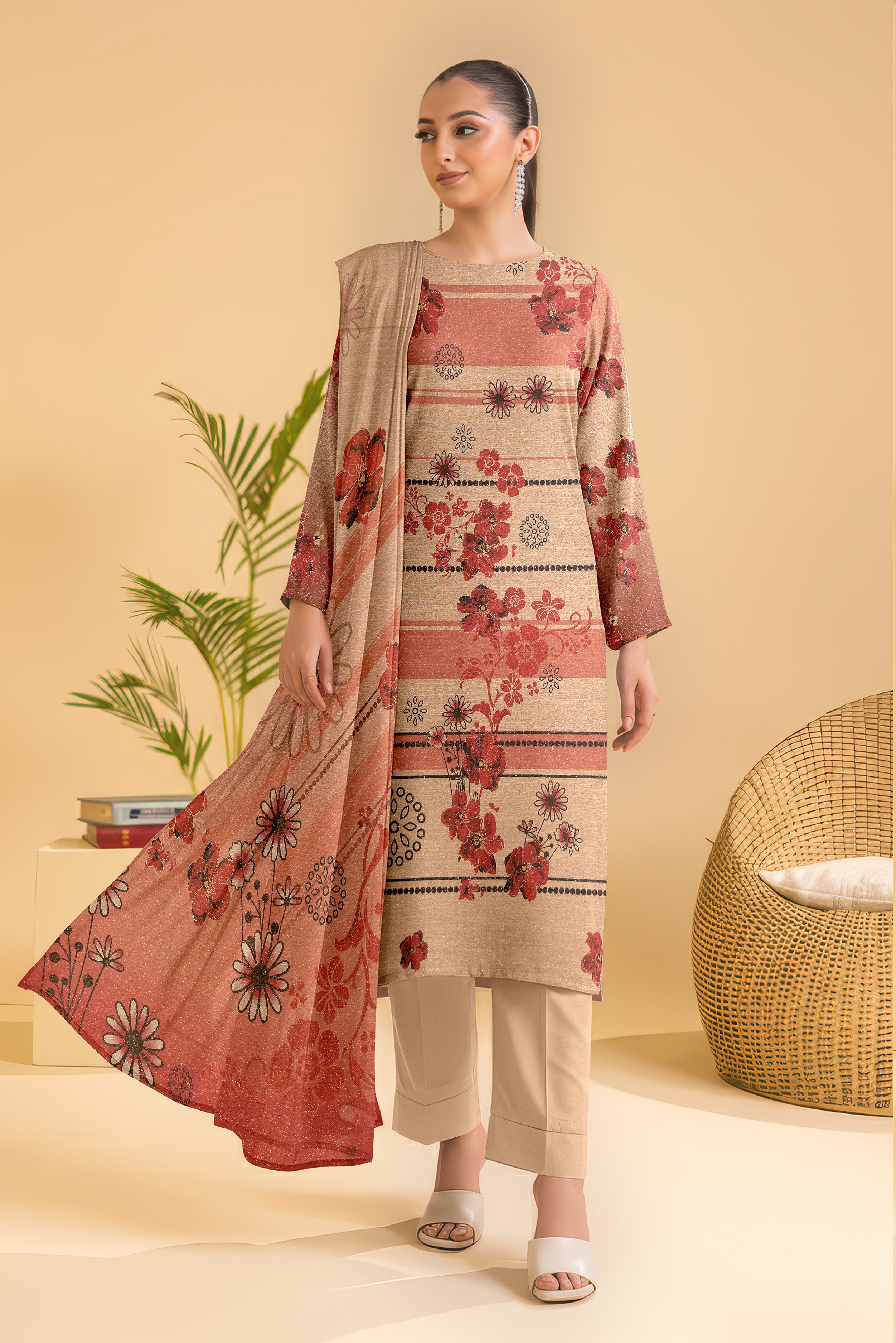 SASSI PEACH WOOL PRINT Shirt & Dupatta Vol-2445