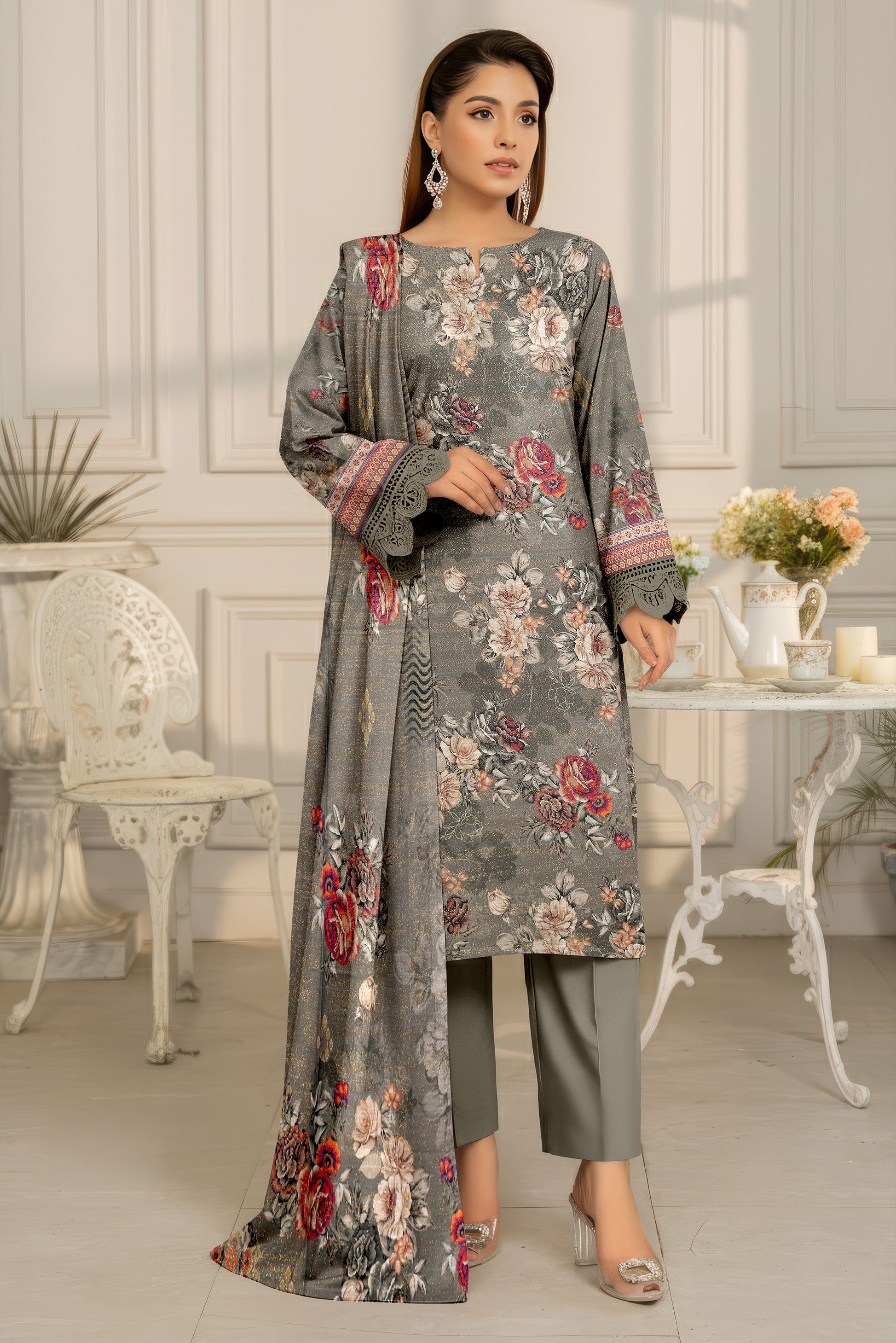 SASSI PEACH WOOL PRINT Shirt & Dupatta Vol-2442
