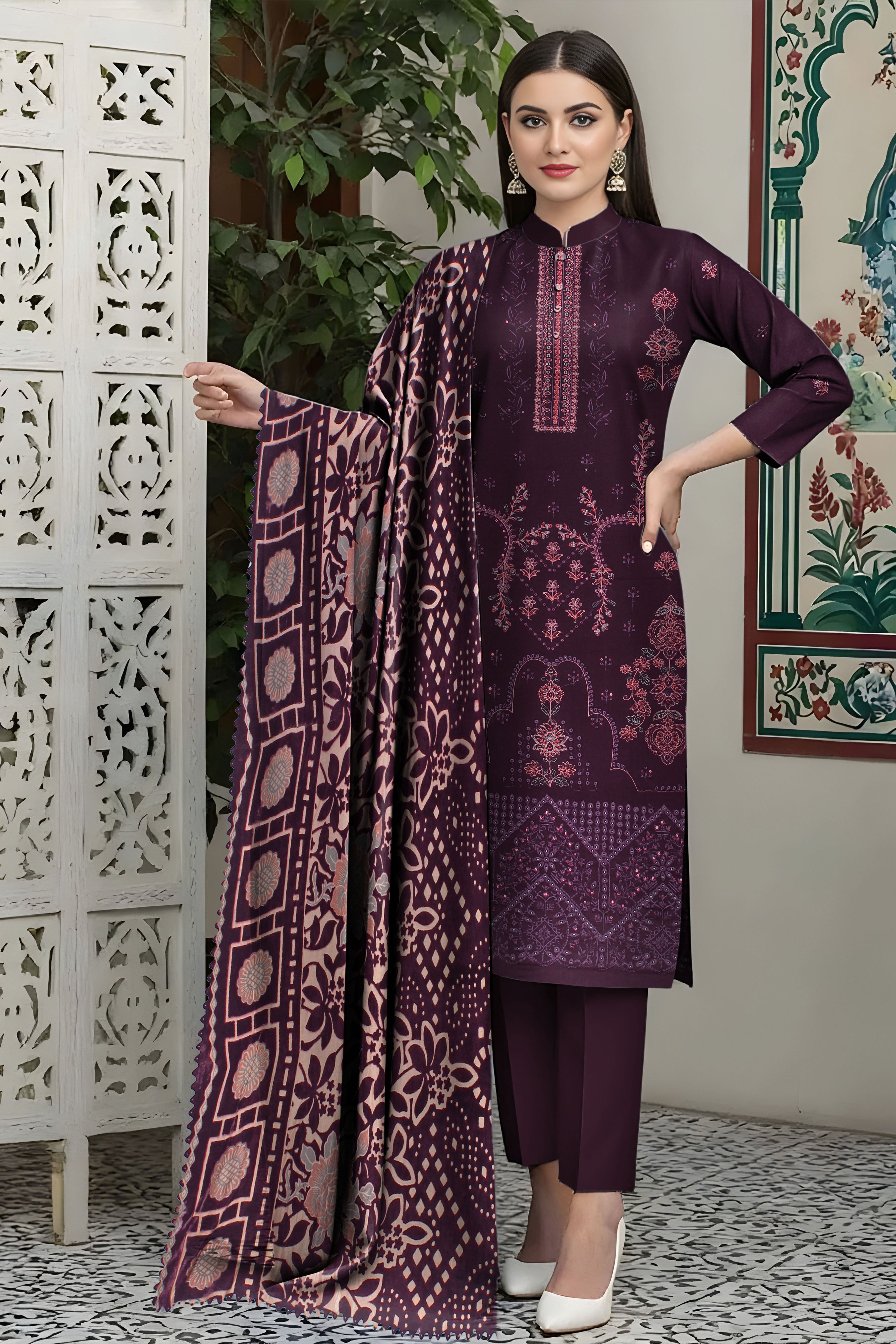 SASSI PEACH WOOL EMB Shirt & Dupatta Vol-2531