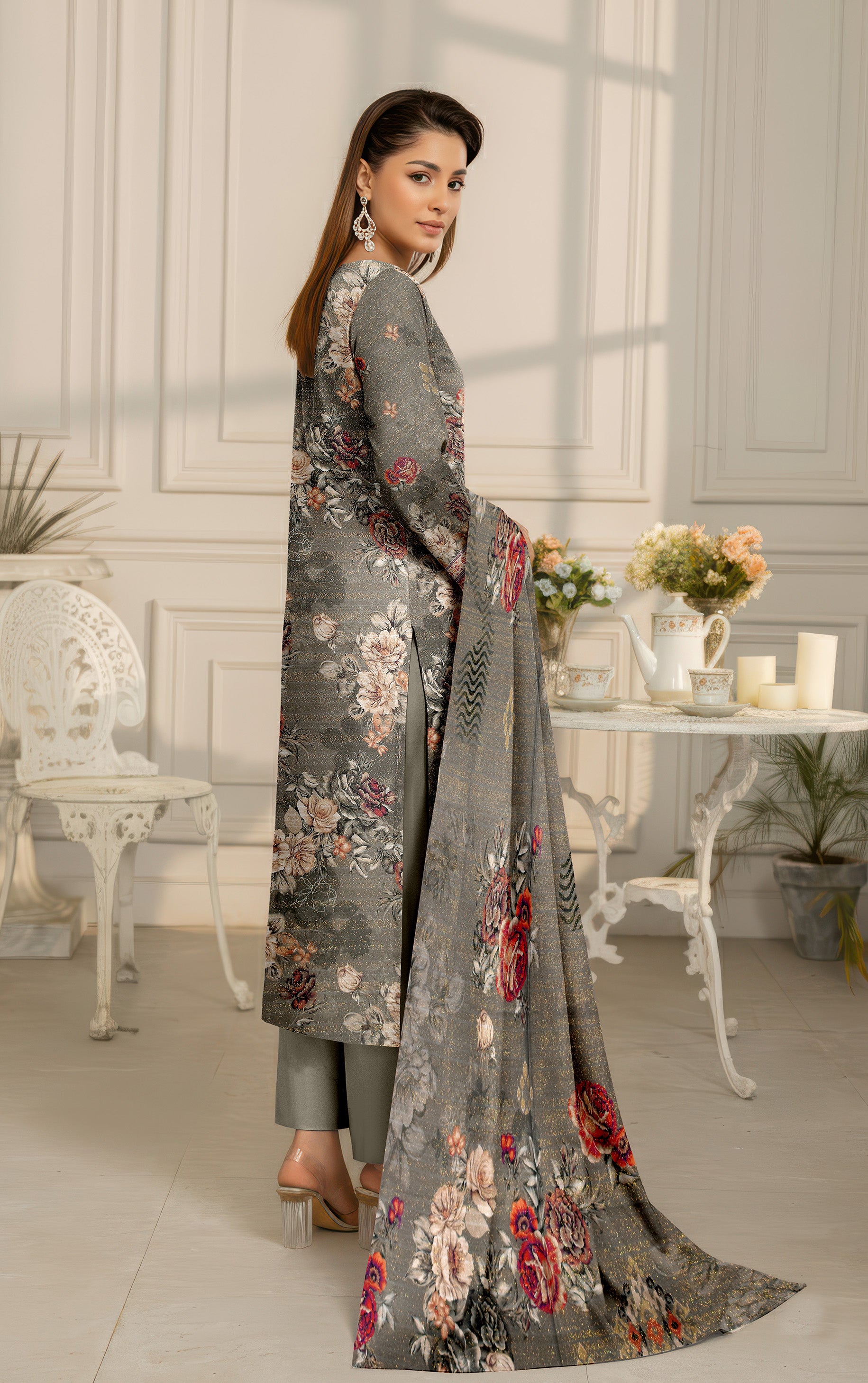 SASSI PEACH WOOL PRINT Shirt & Dupatta Vol-2442