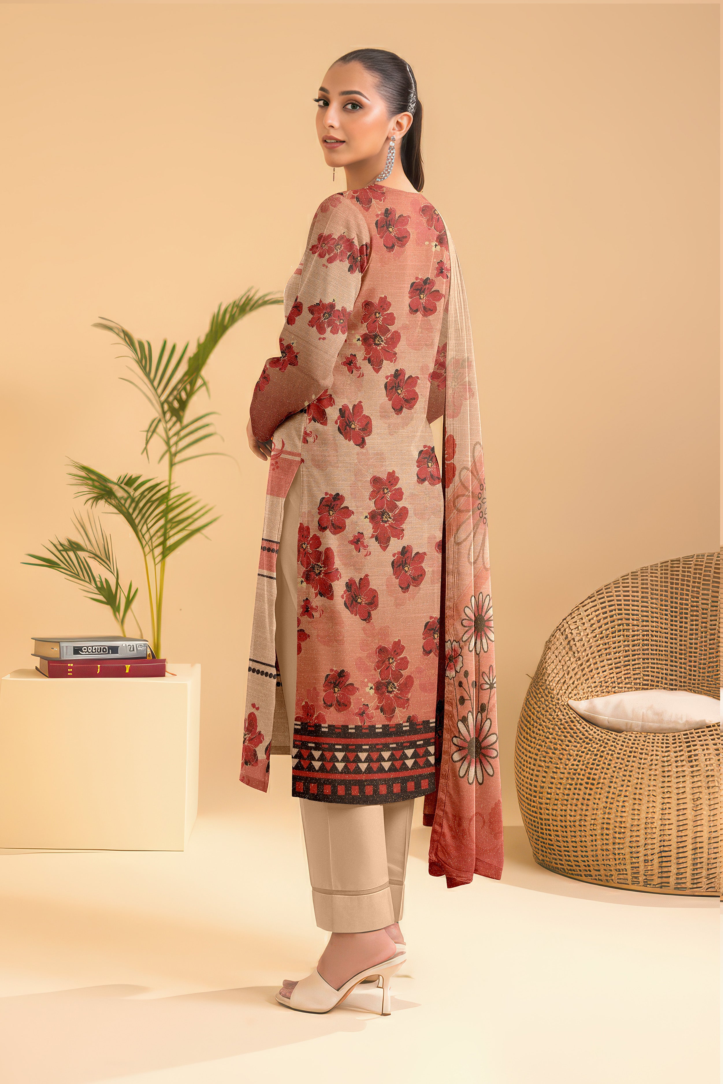 SASSI PEACH WOOL PRINT Shirt & Dupatta Vol-2445