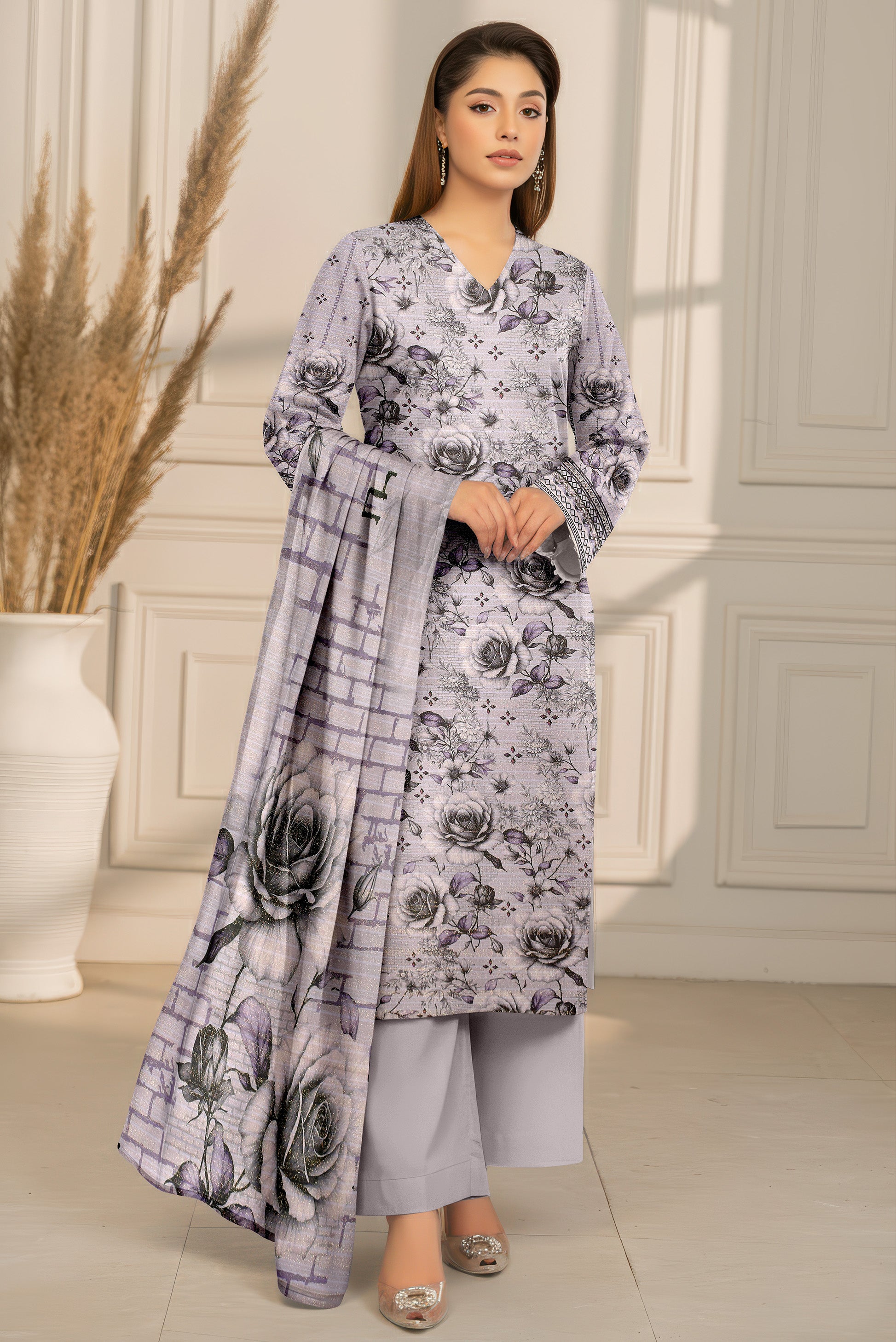 SASSI PEACH WOOL PRINT Shirt & Dupatta Vol-2442