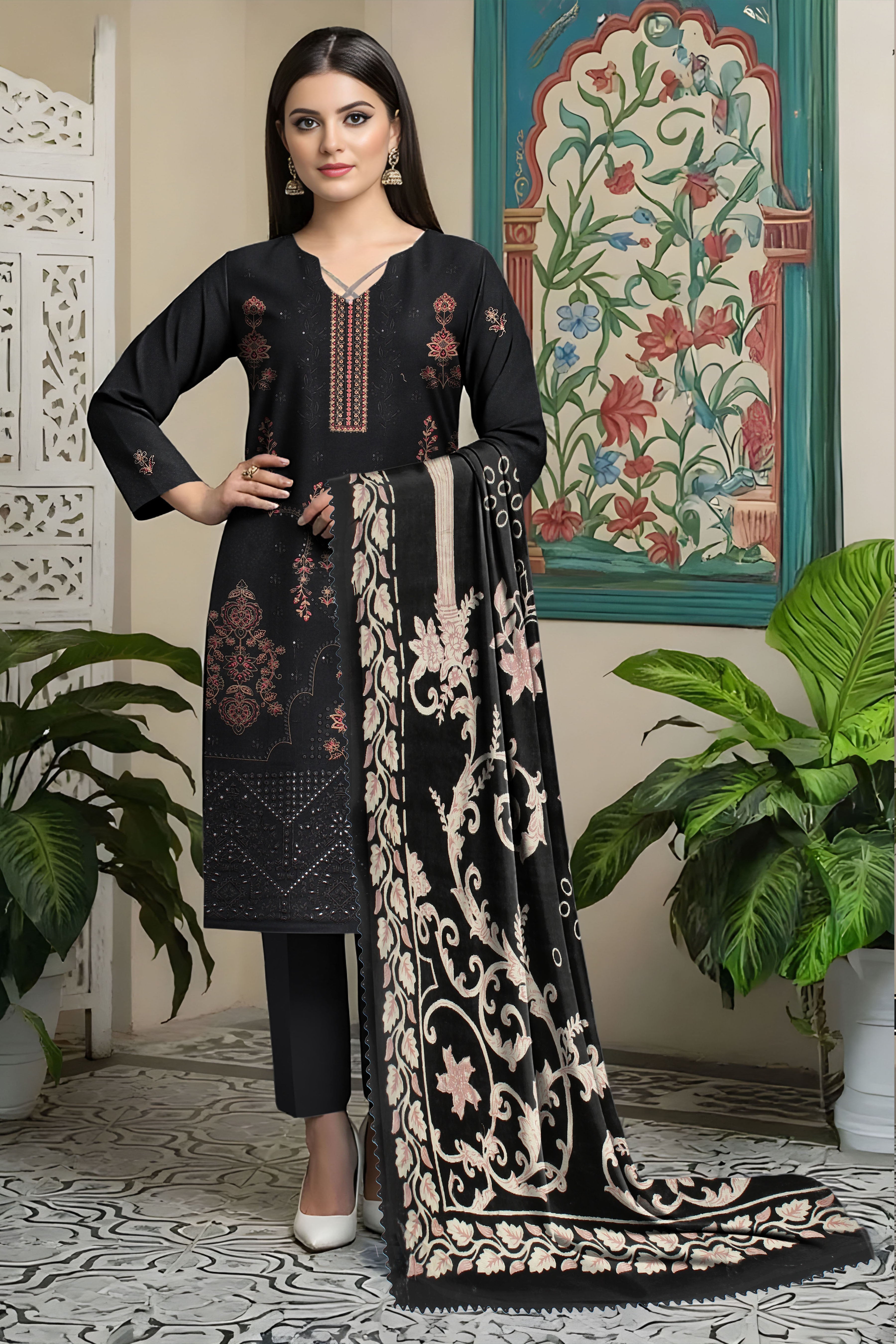 SASSI PEACH WOOL EMB Shirt & Dupatta Vol-2531