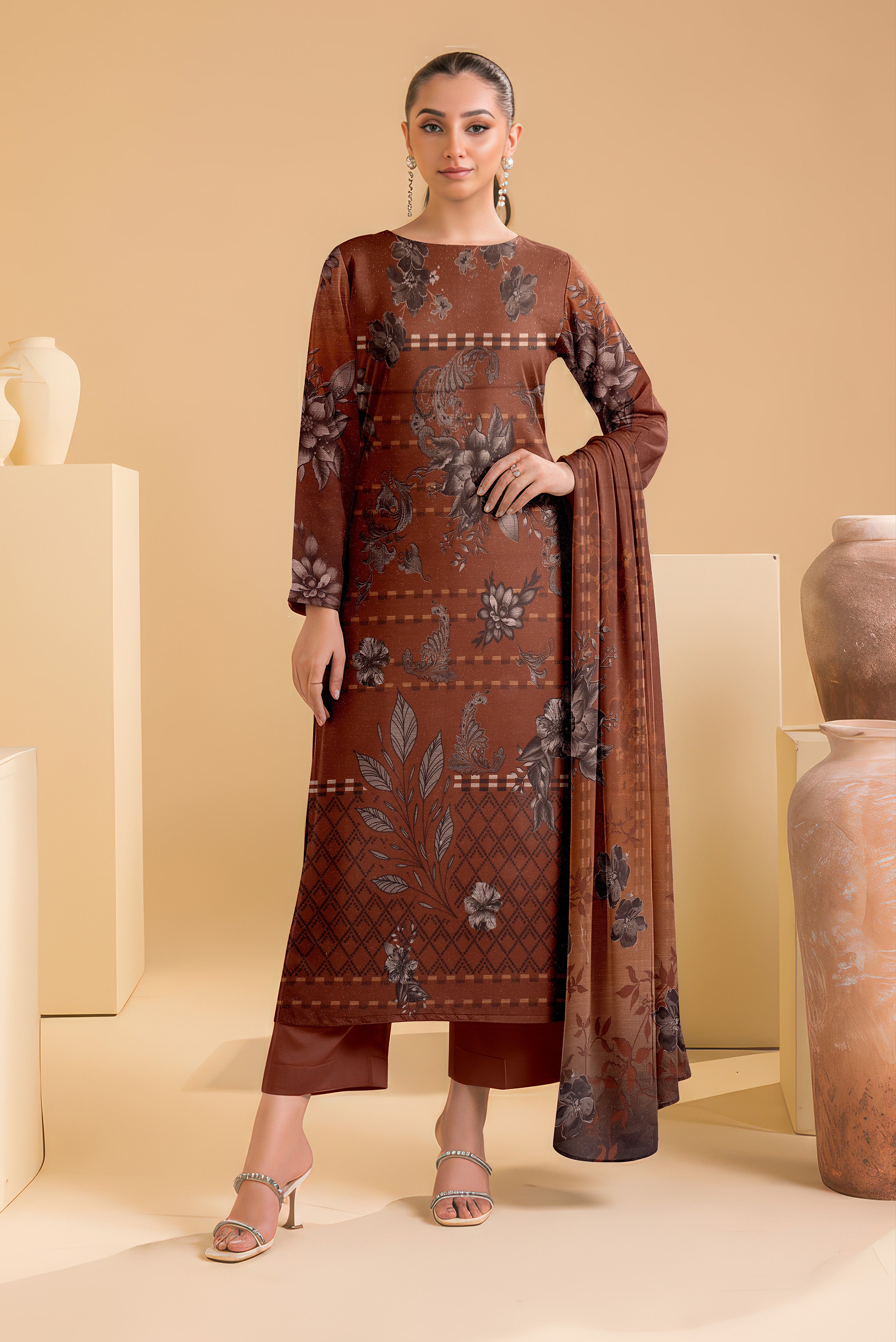 SASSI PEACH WOOL PRINT Shirt & Dupatta Vol-2445