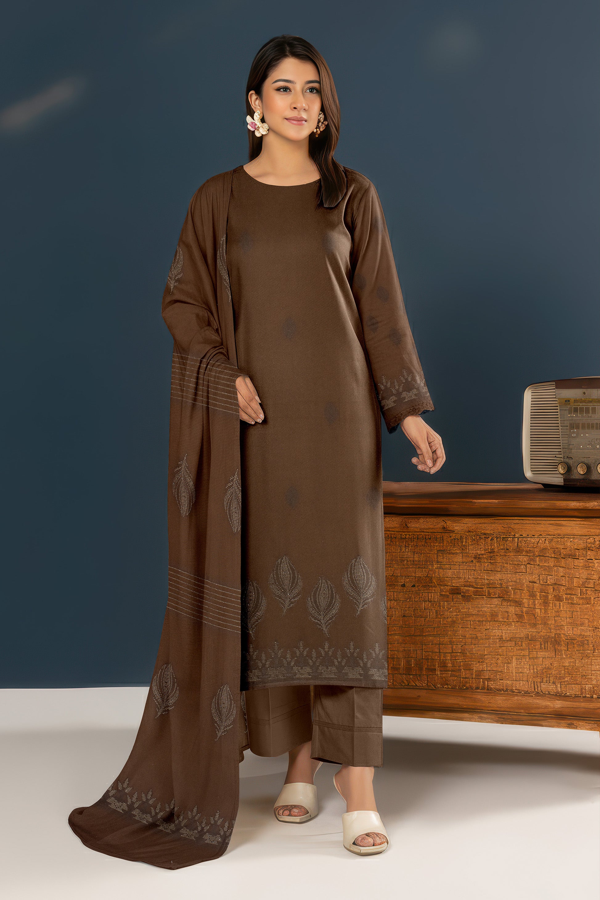 SASSI PEACH WOOL Print Shirt & Dupatta Vol-2584