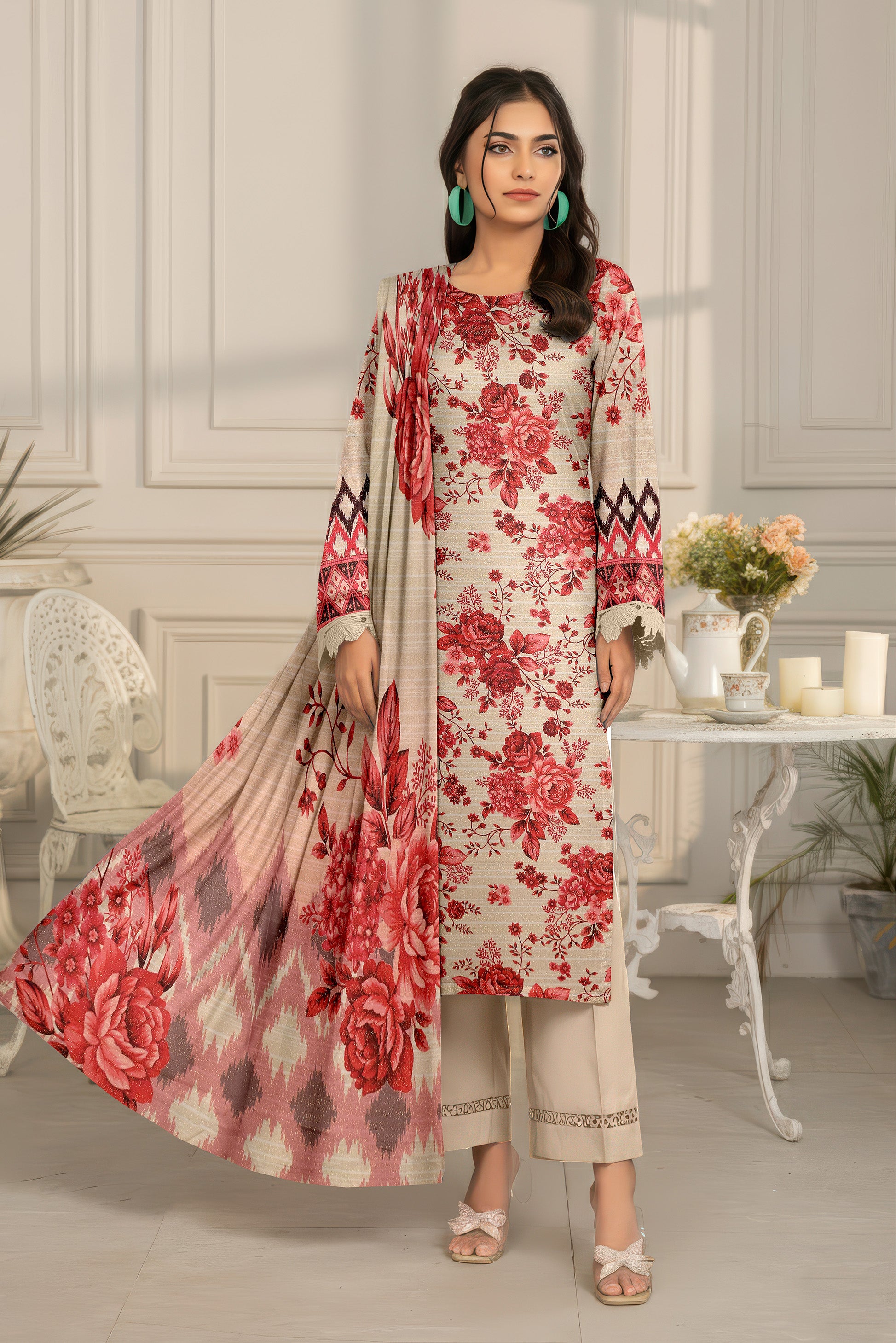 SASSI PEACH WOOL PRINT Shirt & Dupatta Vol-2442