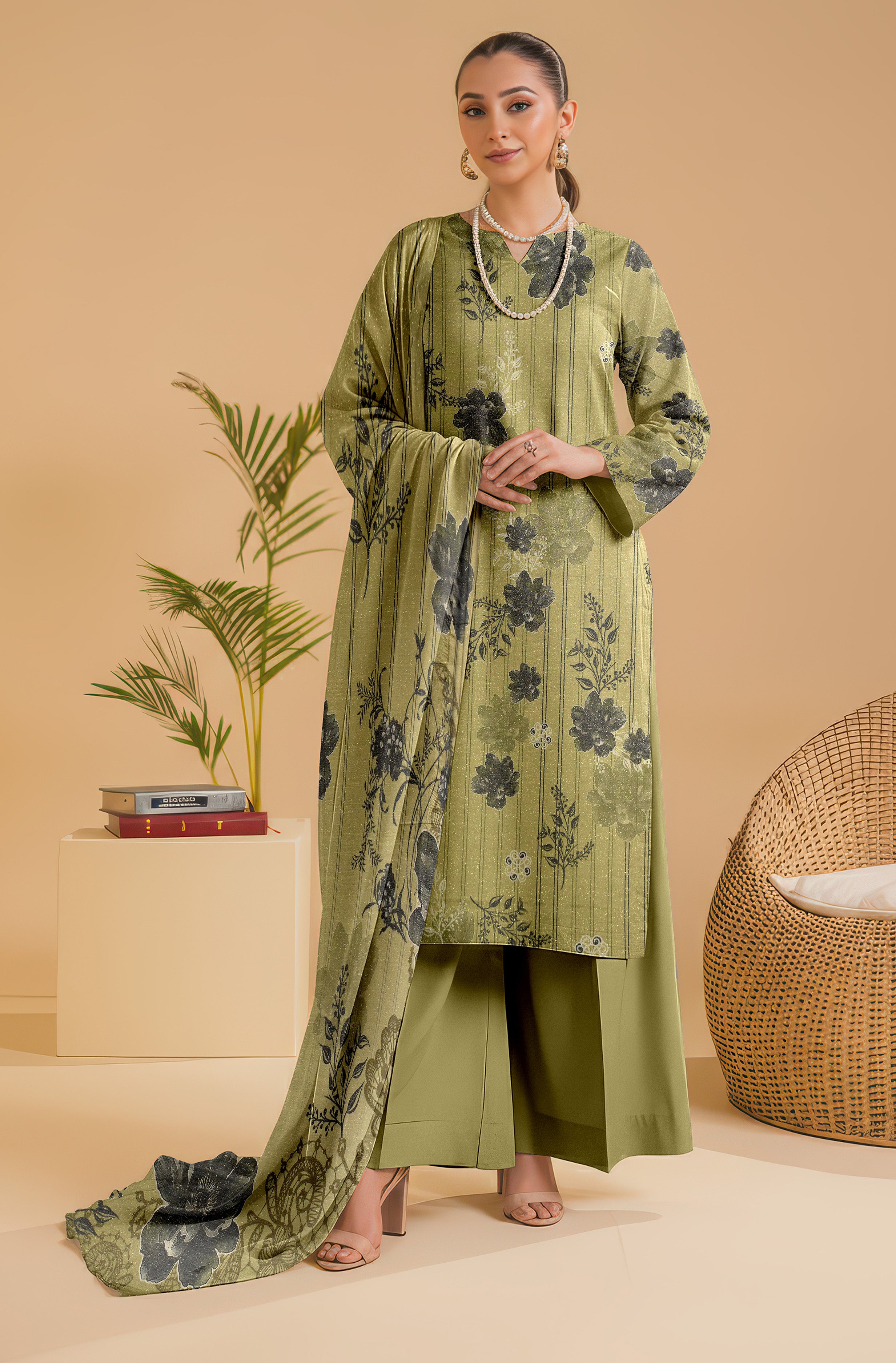 SASSI PEACH WOOL PRINT Shirt & Dupatta Vol-2445