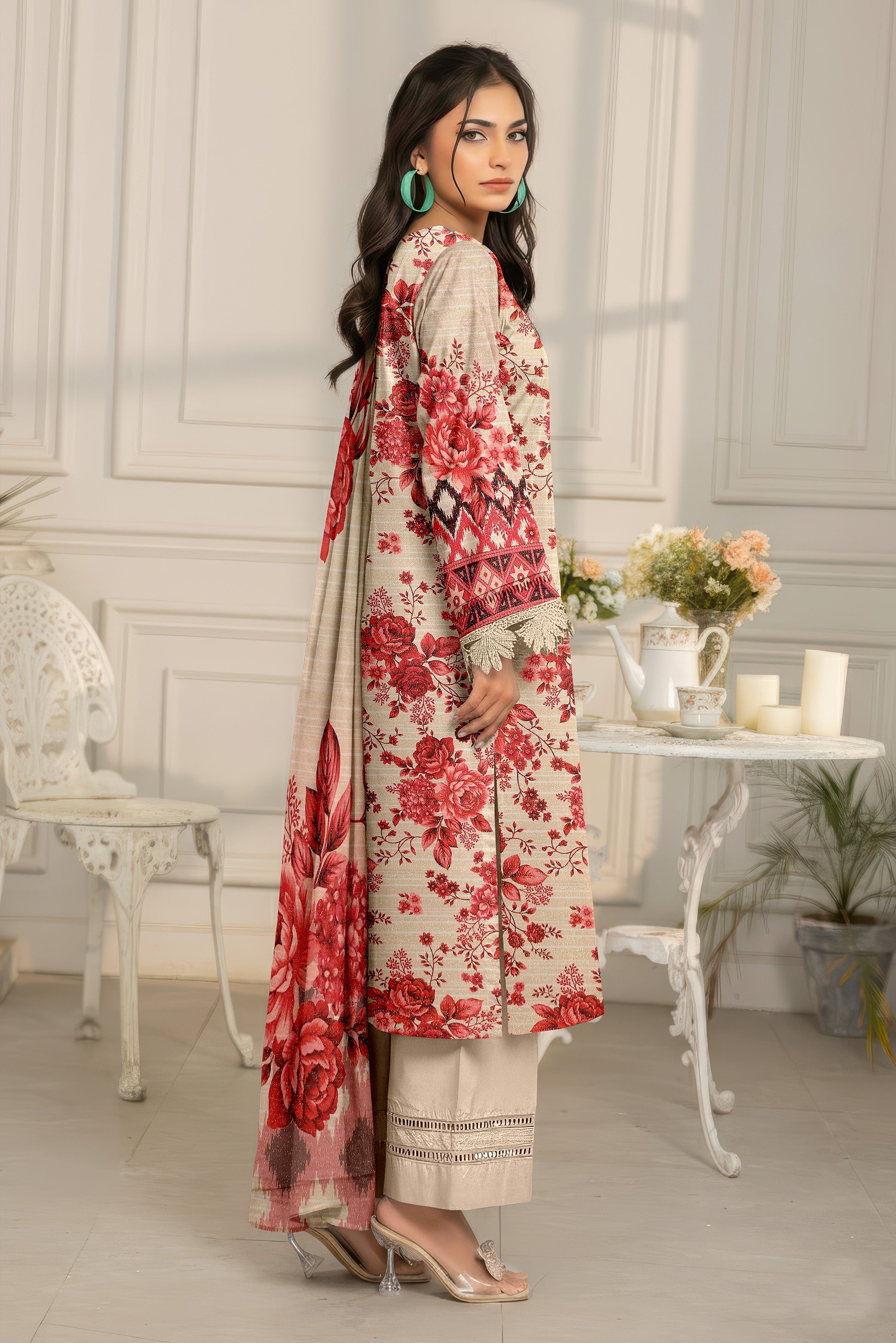 SASSI PEACH WOOL PRINT Shirt & Dupatta Vol-2442