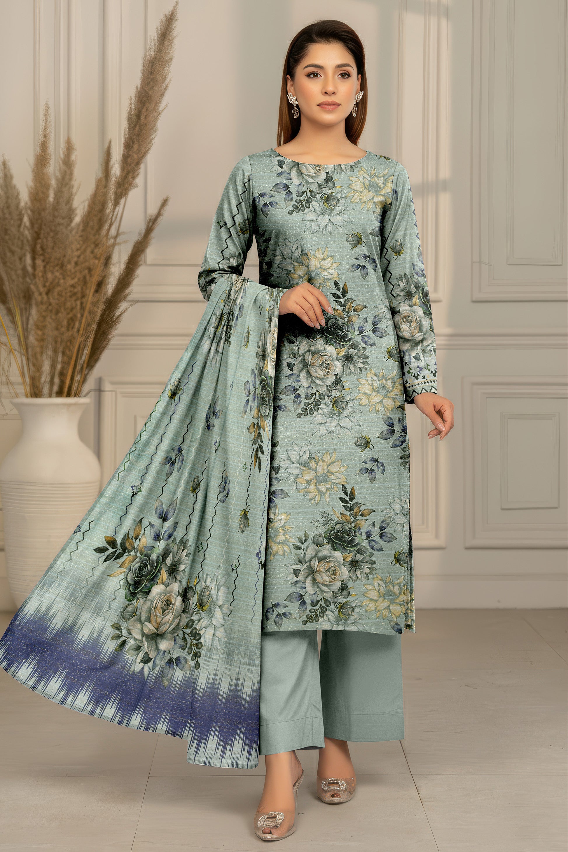 SASSI PEACH WOOL PRINT Shirt & Dupatta Vol-2442