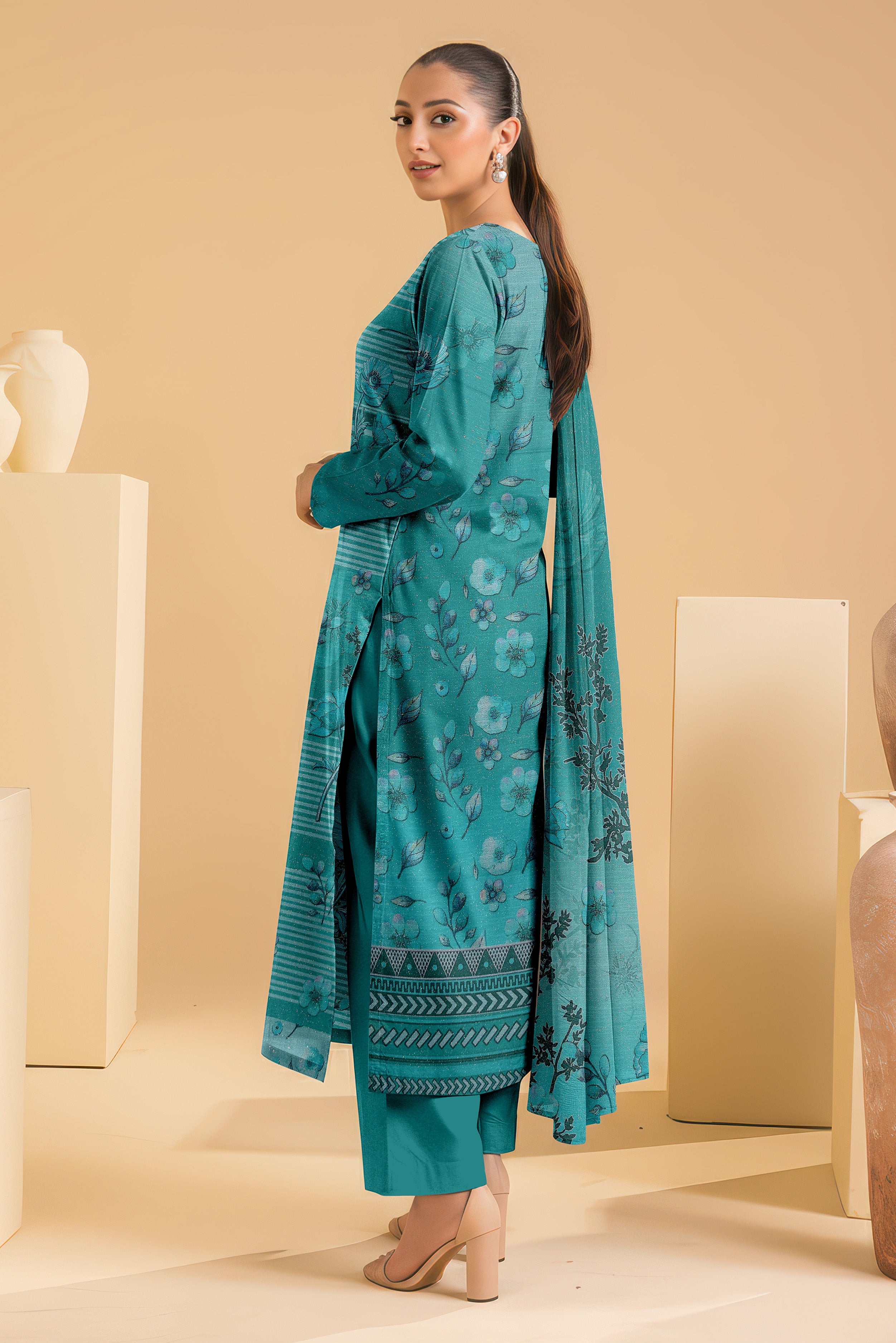SASSI PEACH WOOL PRINT Shirt & Dupatta Vol-2445