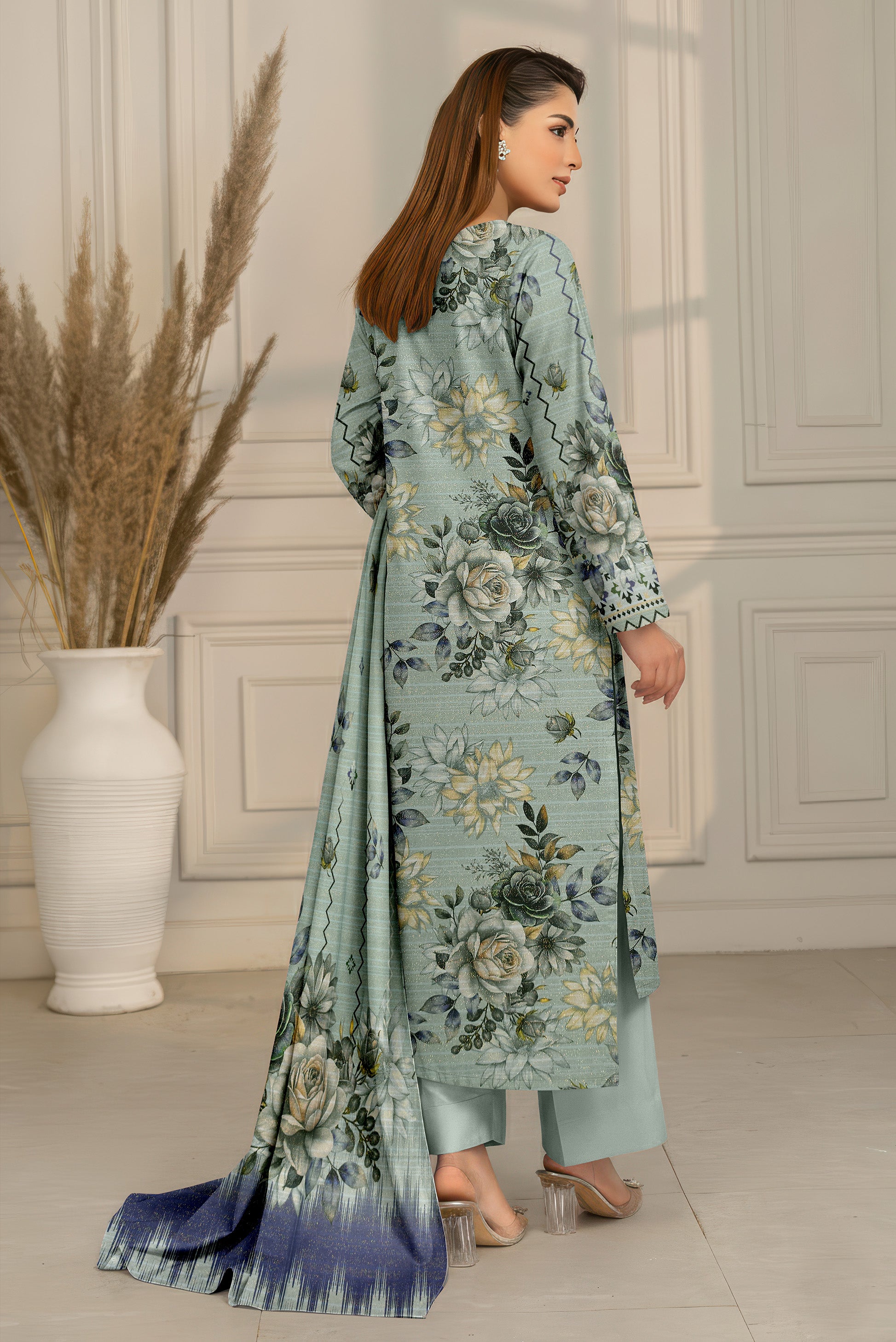 SASSI PEACH WOOL PRINT Shirt & Dupatta Vol-2442