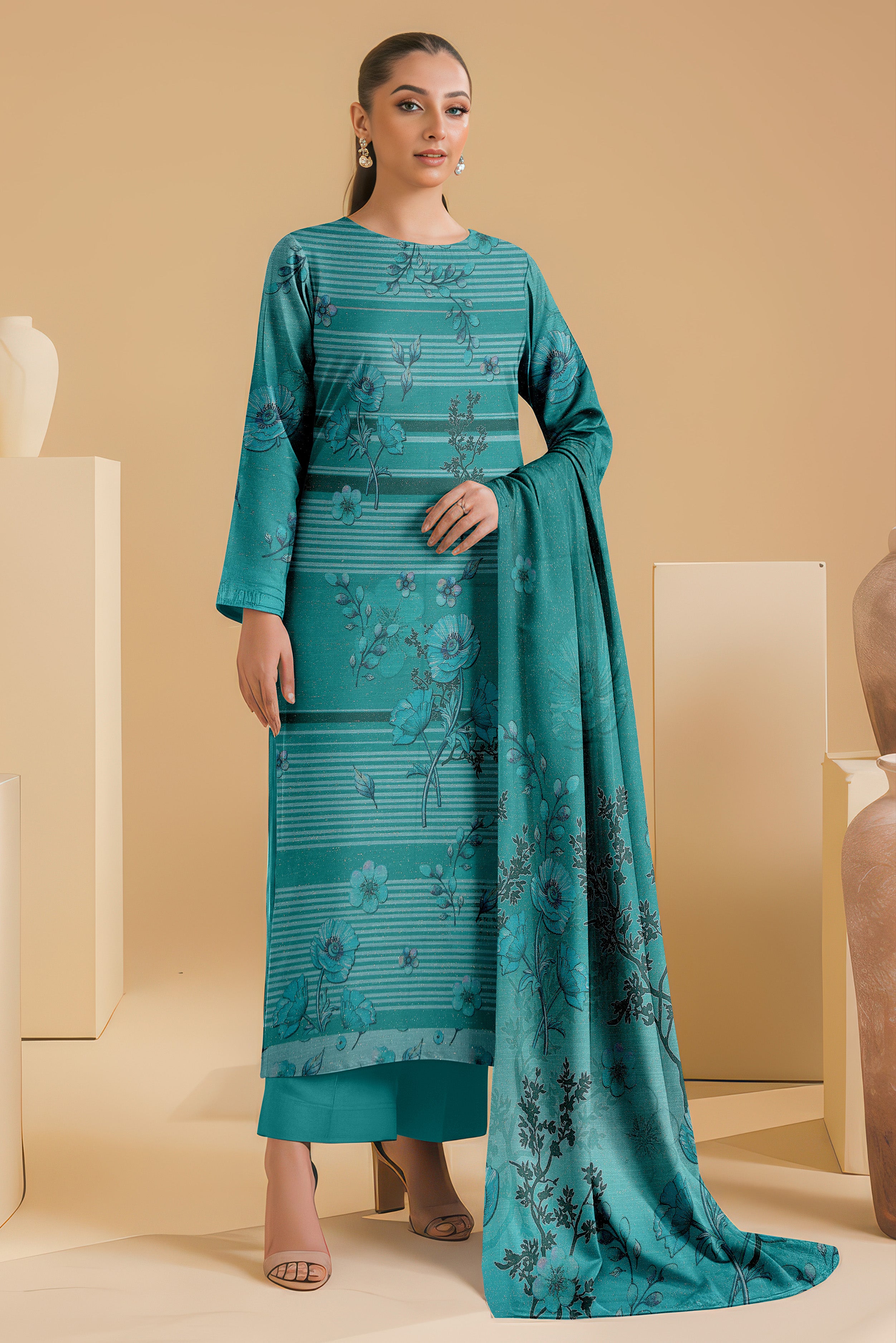 SASSI PEACH WOOL PRINT Shirt & Dupatta Vol-2445