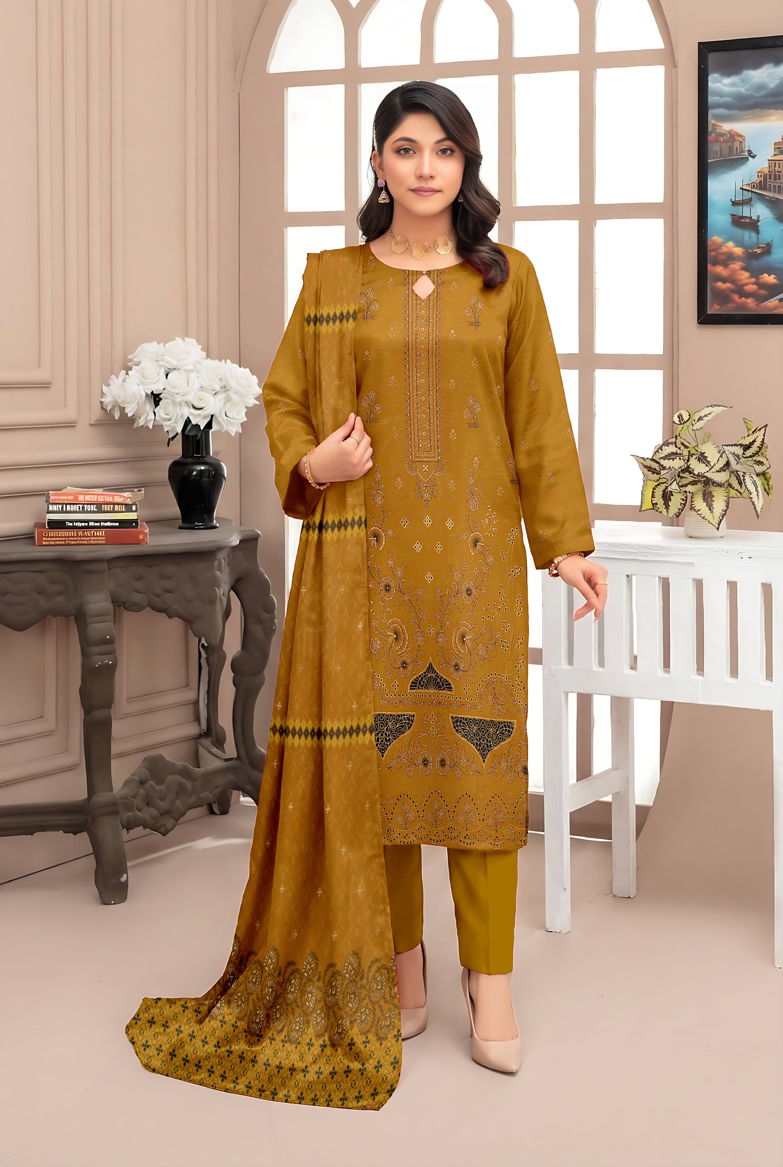 SASSI PEACH WOOL EMB Shirt & Dupatta Vol-2557