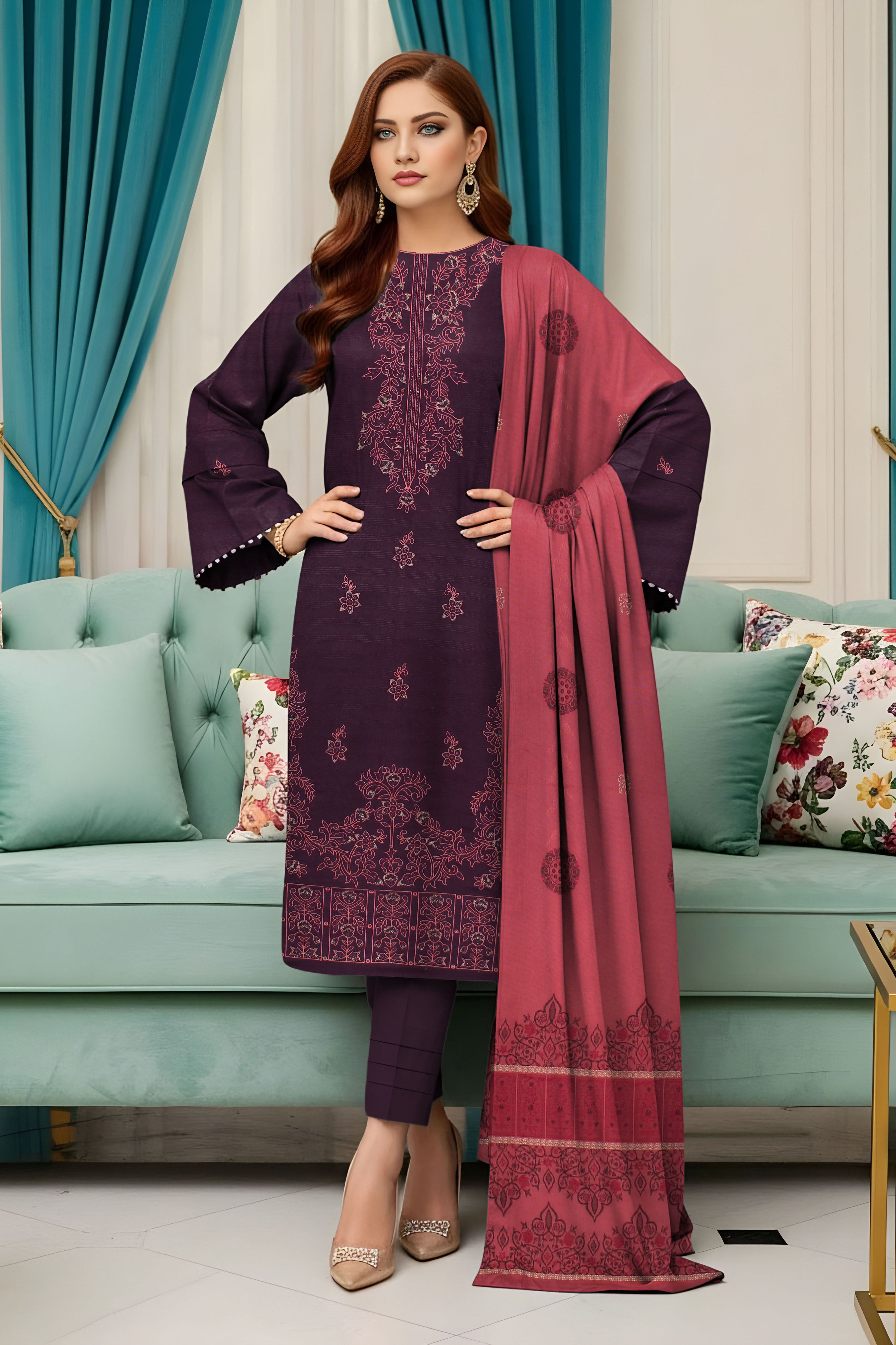 SASSI PEACH WOOL PRINT Shirt & Dupatta Vol-2560