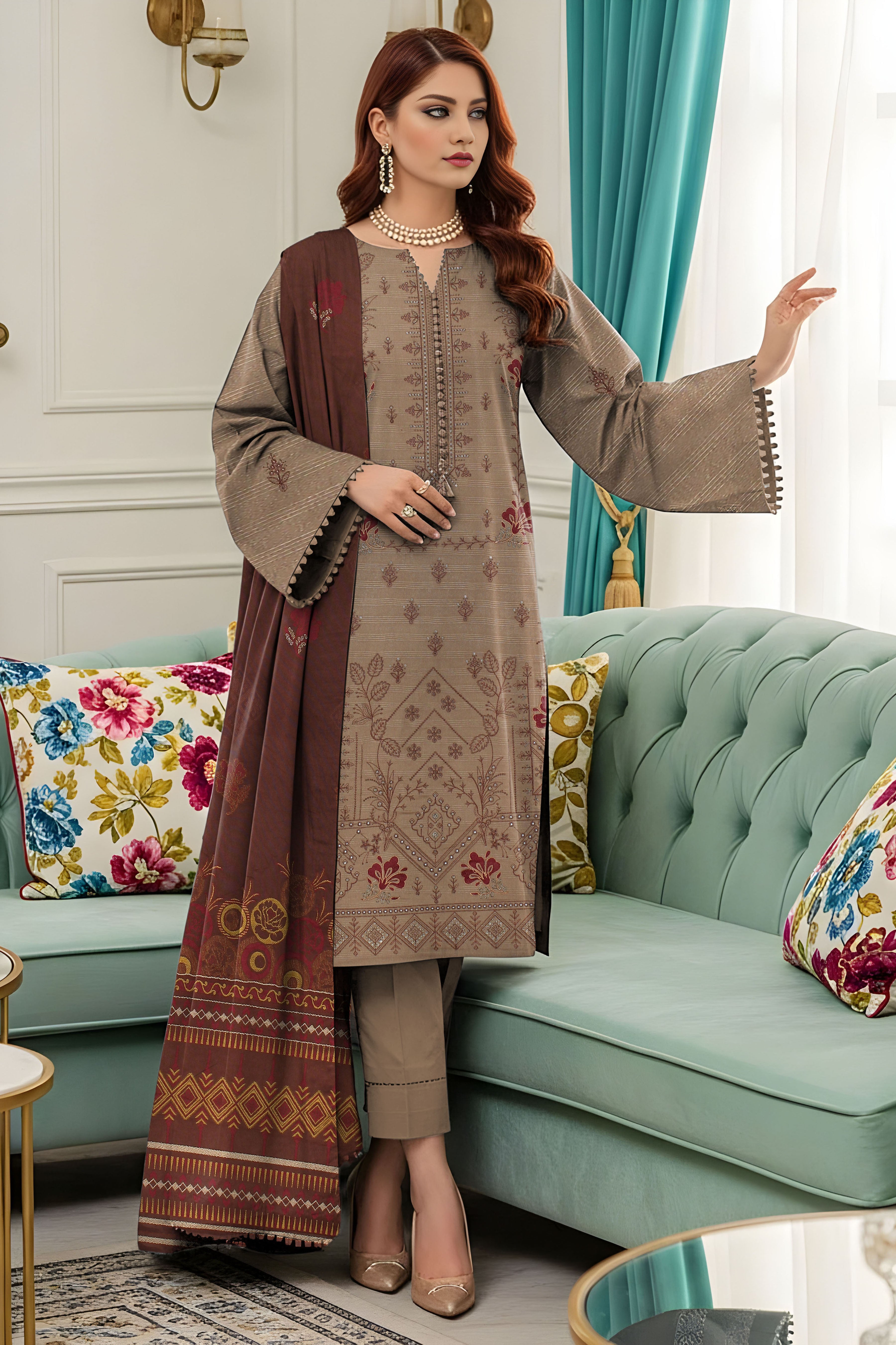 SASSI PEACH WOOL PRINT Shirt & Dupatta Vol-2560