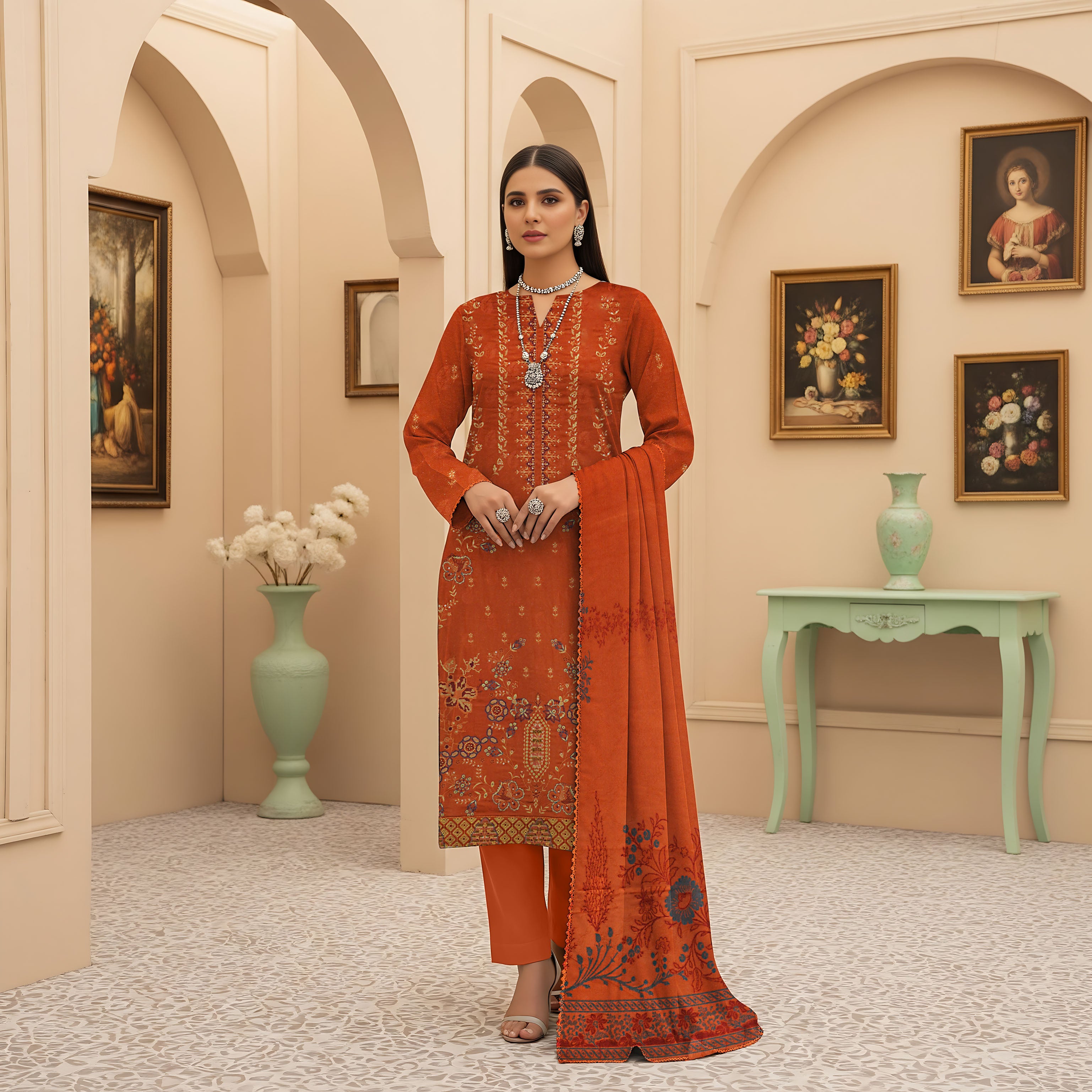 SASSI PEACH WOOL EMB Shirt & Dupatta Vol-2554