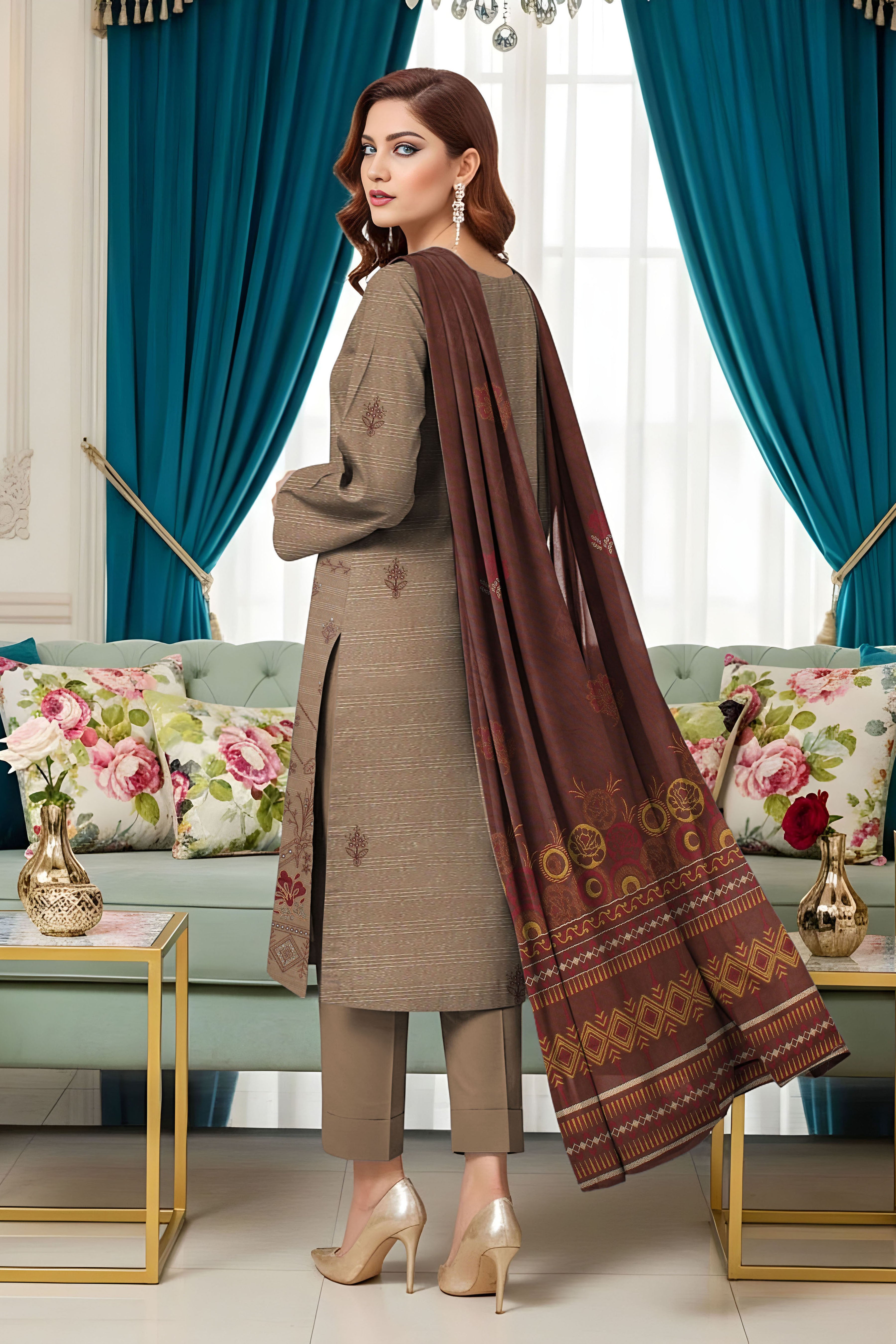 SASSI PEACH WOOL PRINT Shirt & Dupatta Vol-2560