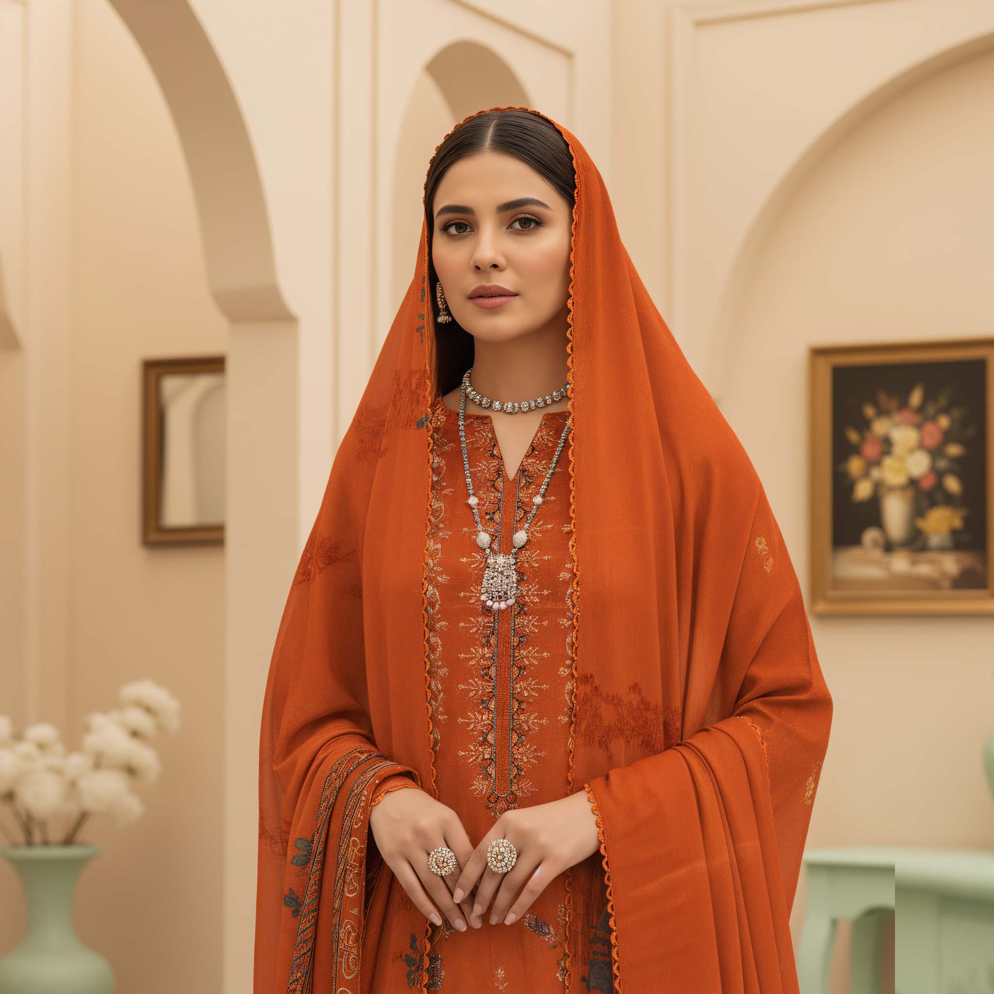 SASSI PEACH WOOL EMB Shirt & Dupatta Vol-2554