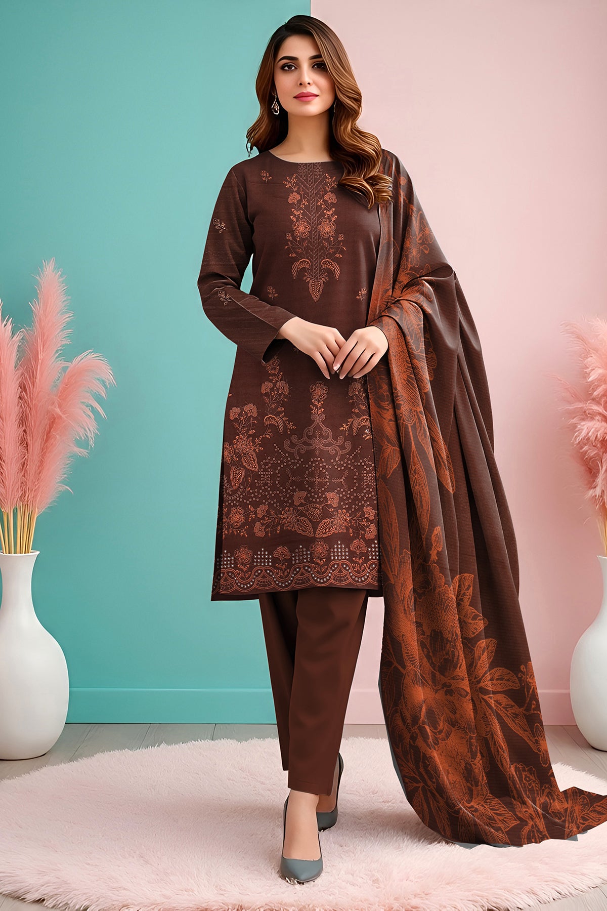 SASSI PEACH WOOL EMB Shirt & Dupatta Vol-2540