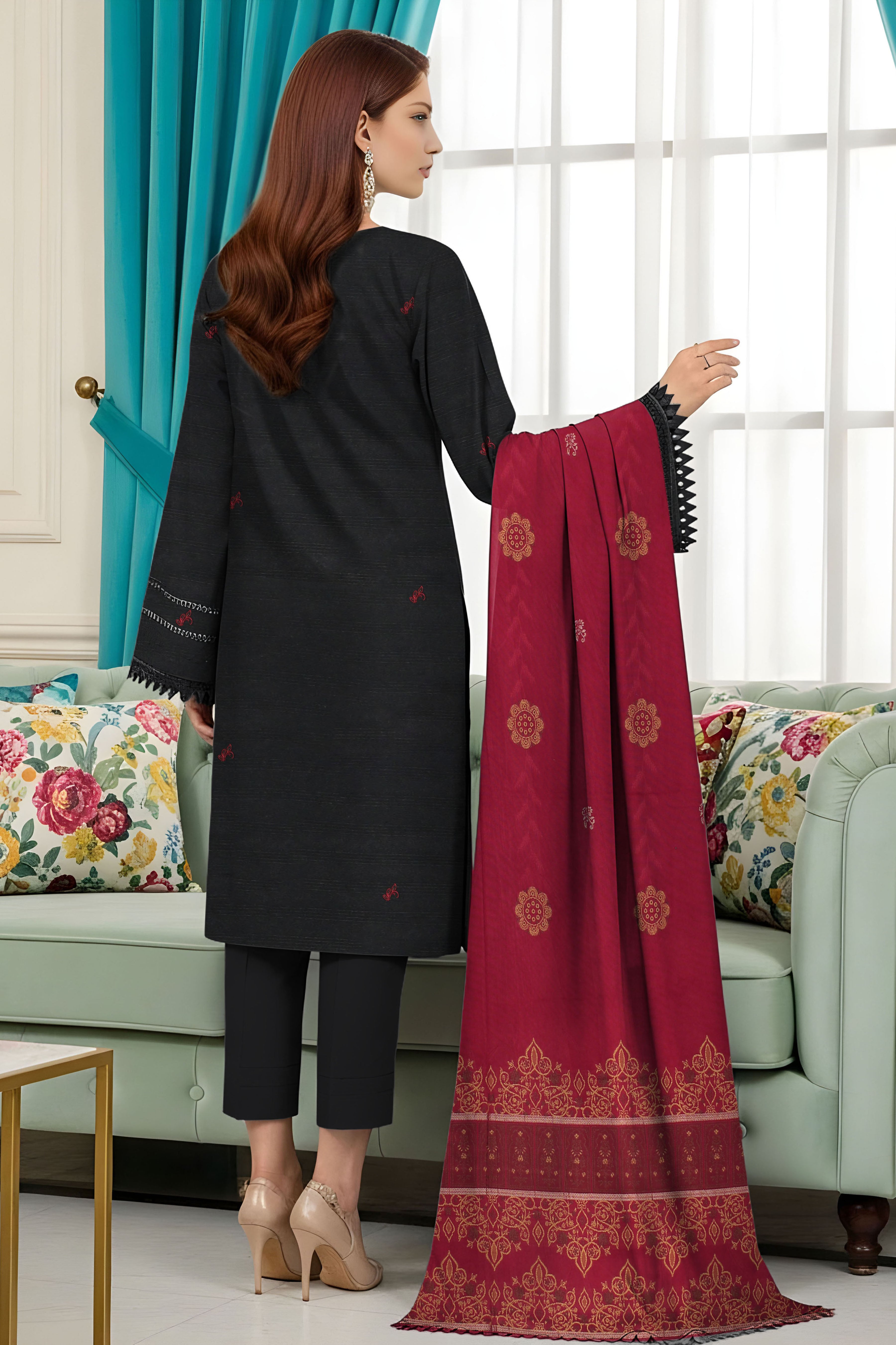 SASSI PEACH WOOL PRINT Shirt & Dupatta Vol-2560