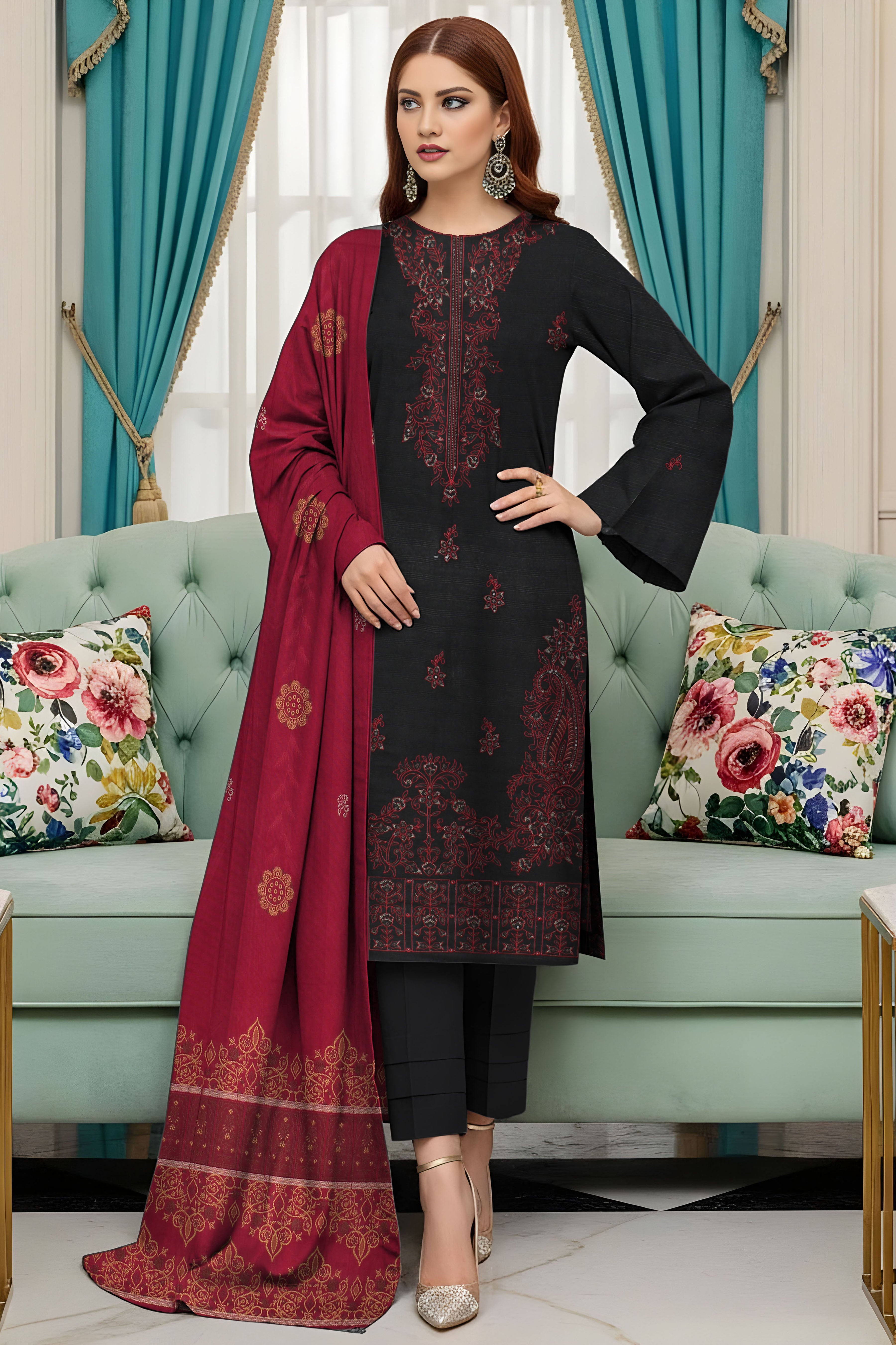 SASSI PEACH WOOL PRINT Shirt & Dupatta Vol-2560