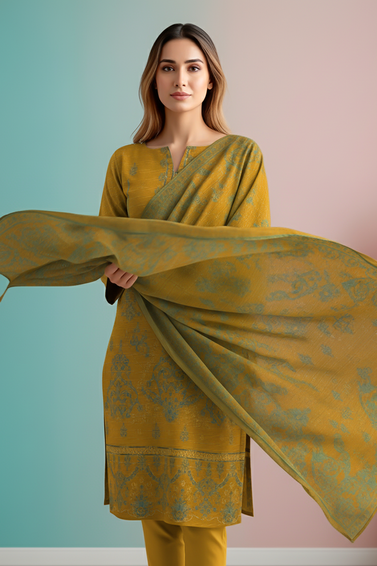 SASSI PEACH WOOL EMB Shirt & Dupatta Vol-2540