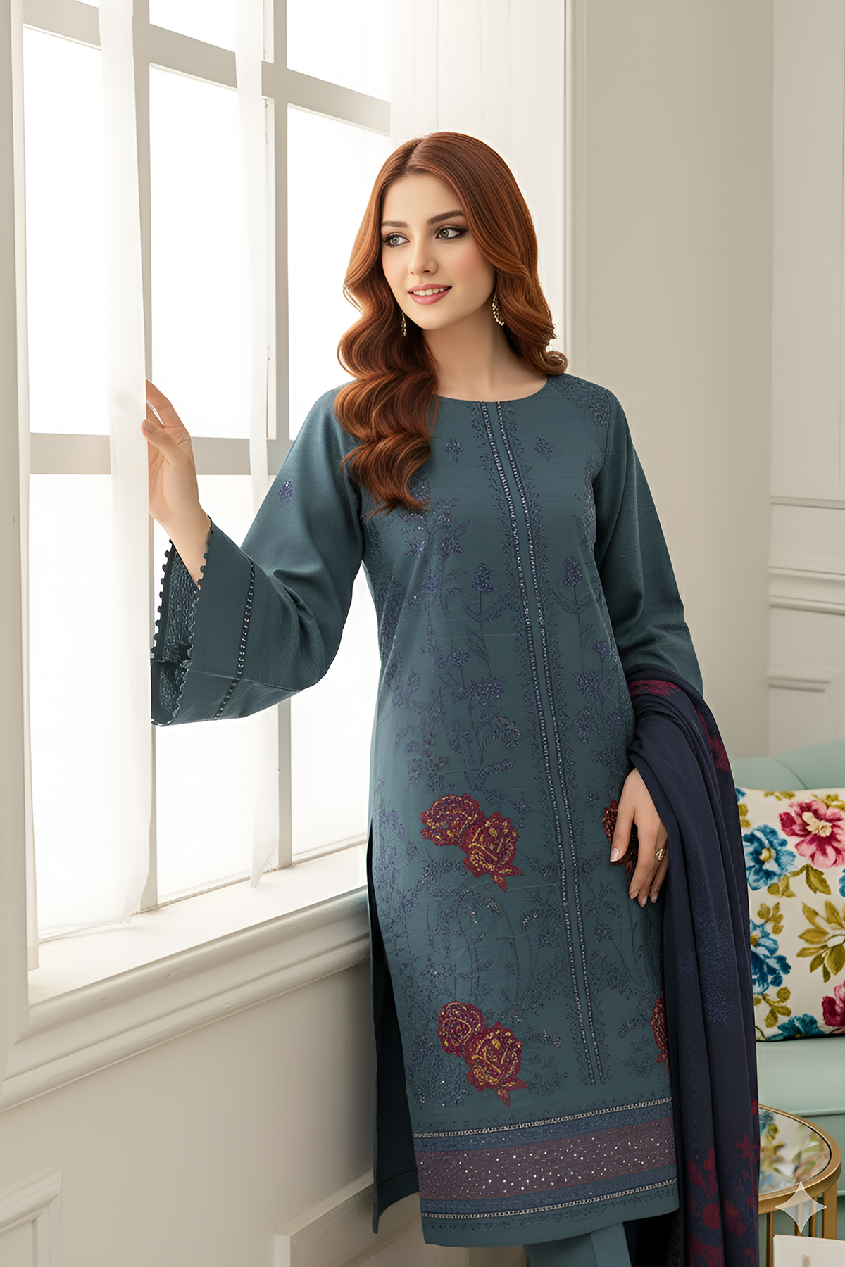 SASSI PEACH WOOL PRINT Shirt & Dupatta Vol-2560