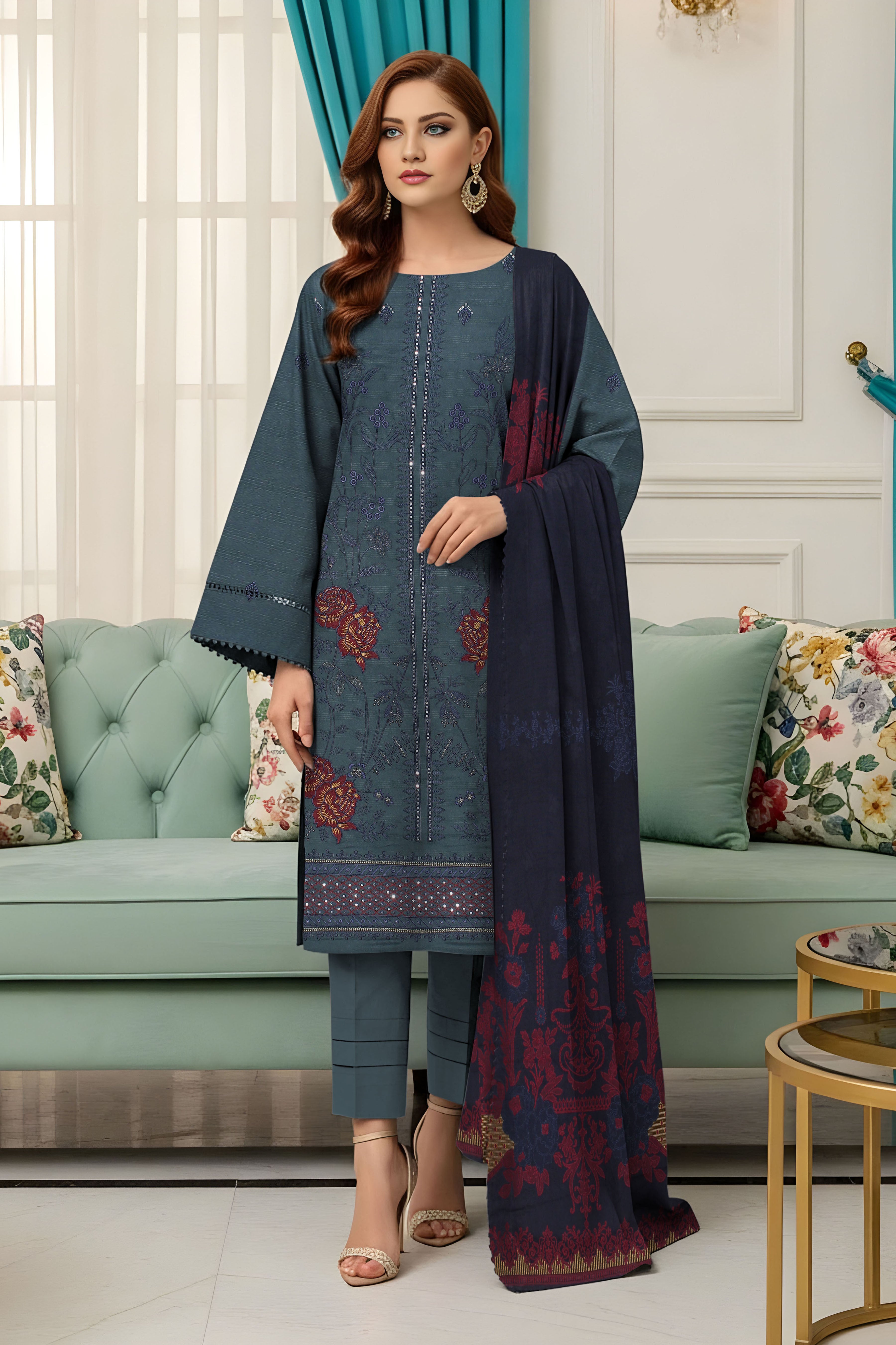 SASSI PEACH WOOL PRINT Shirt & Dupatta Vol-2560