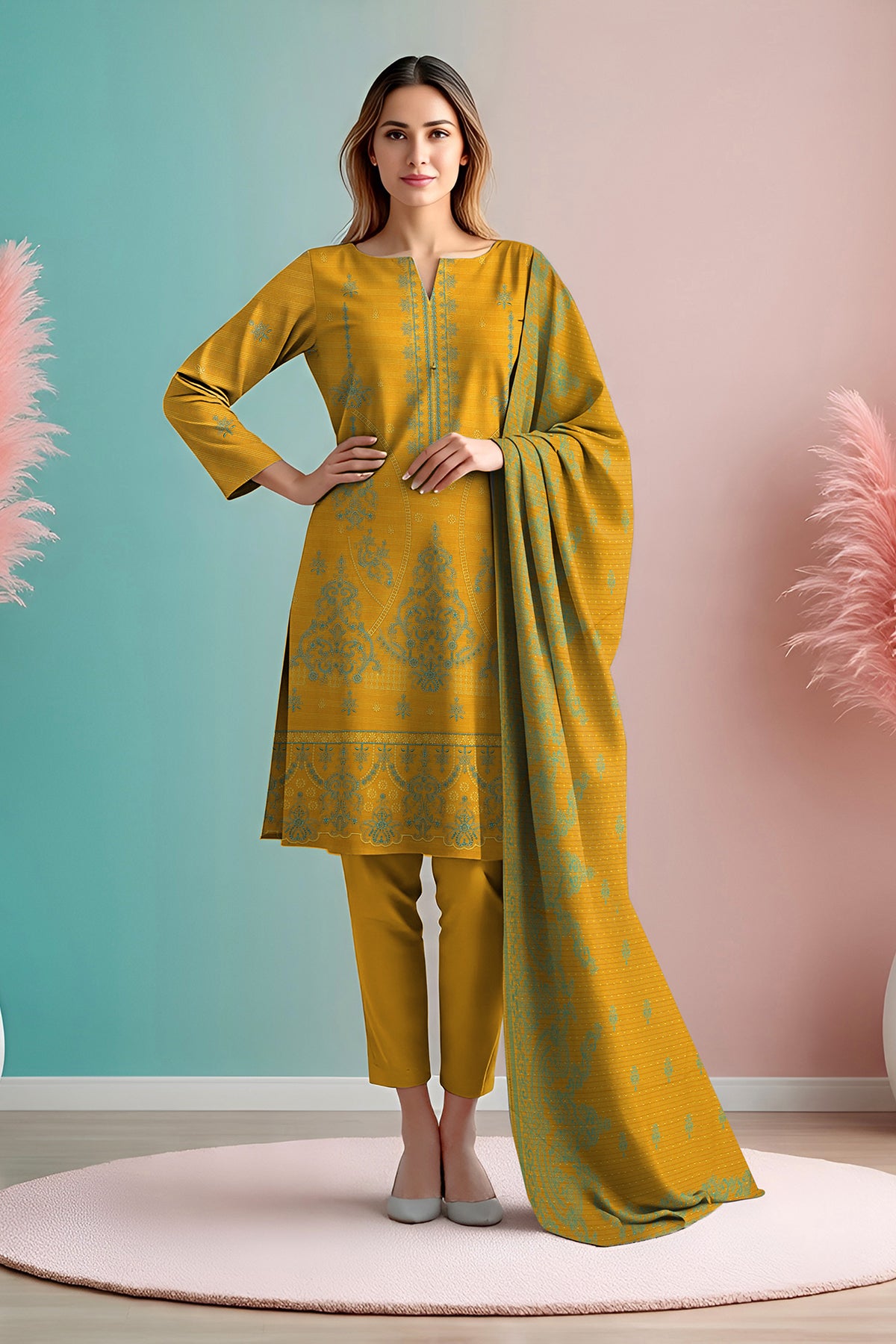 SASSI PEACH WOOL EMB Shirt & Dupatta Vol-2540
