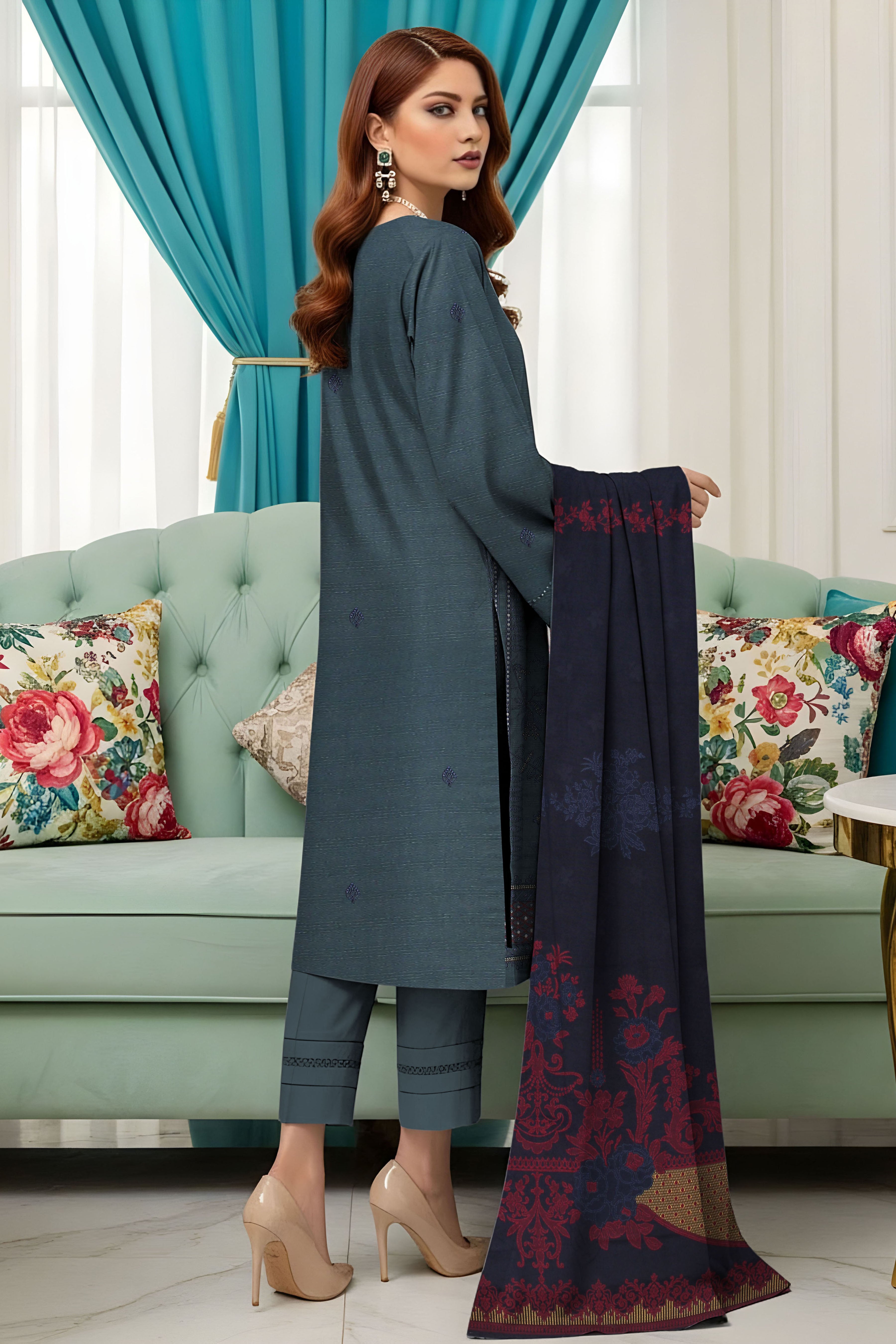 SASSI PEACH WOOL PRINT Shirt & Dupatta Vol-2560