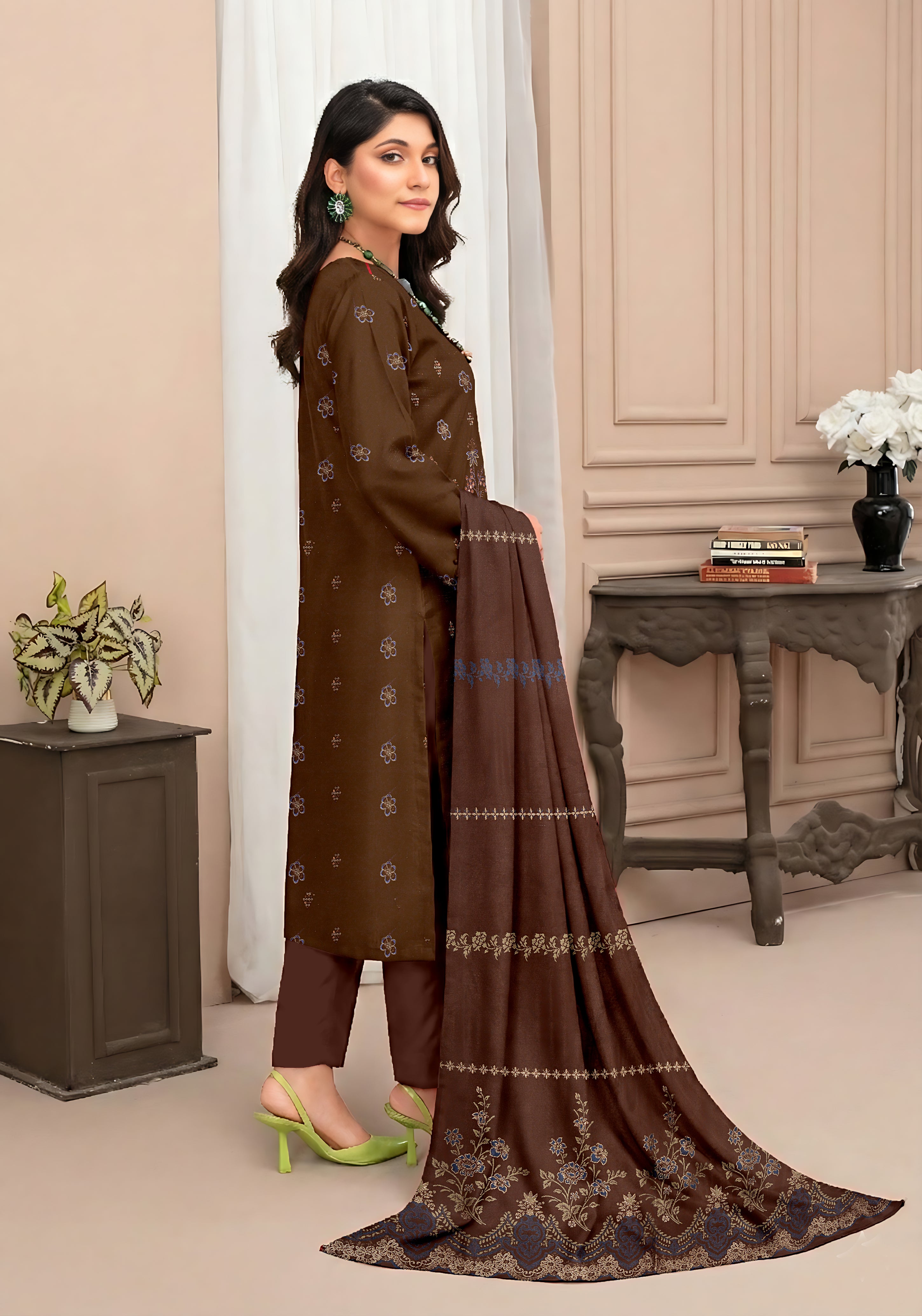 SASSI PEACH WOOL EMB Shirt & Dupatta Vol-2557