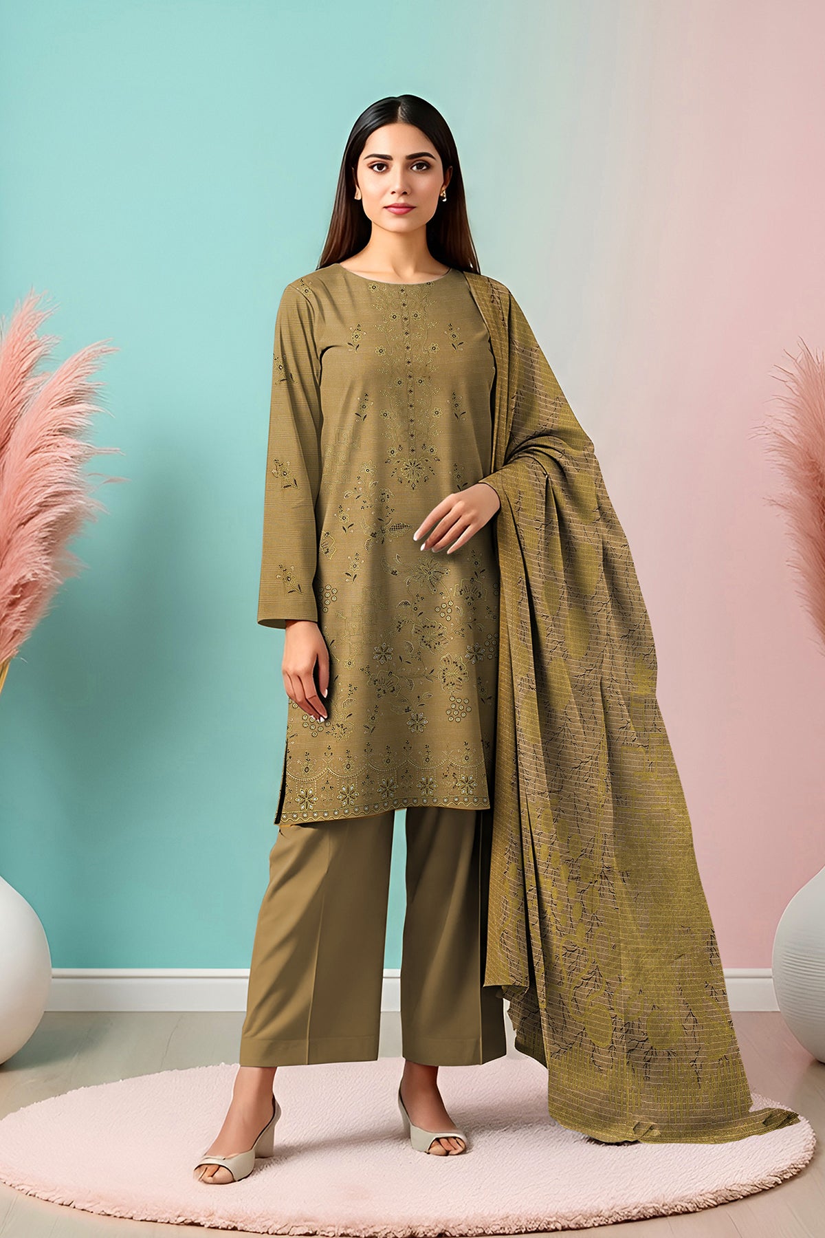 SASSI PEACH WOOL EMB Shirt & Dupatta Vol-2540