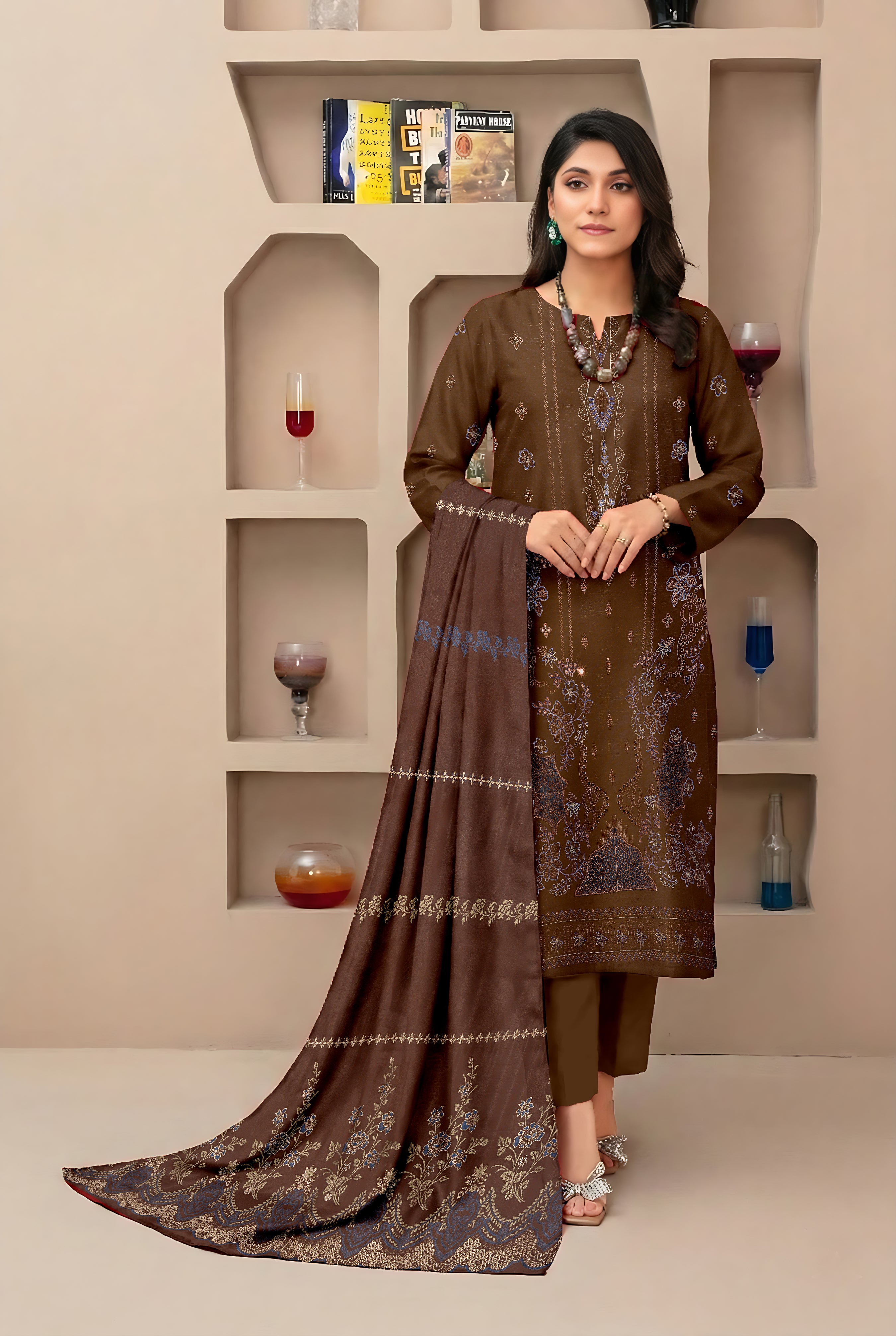 SASSI PEACH WOOL EMB Shirt & Dupatta Vol-2557