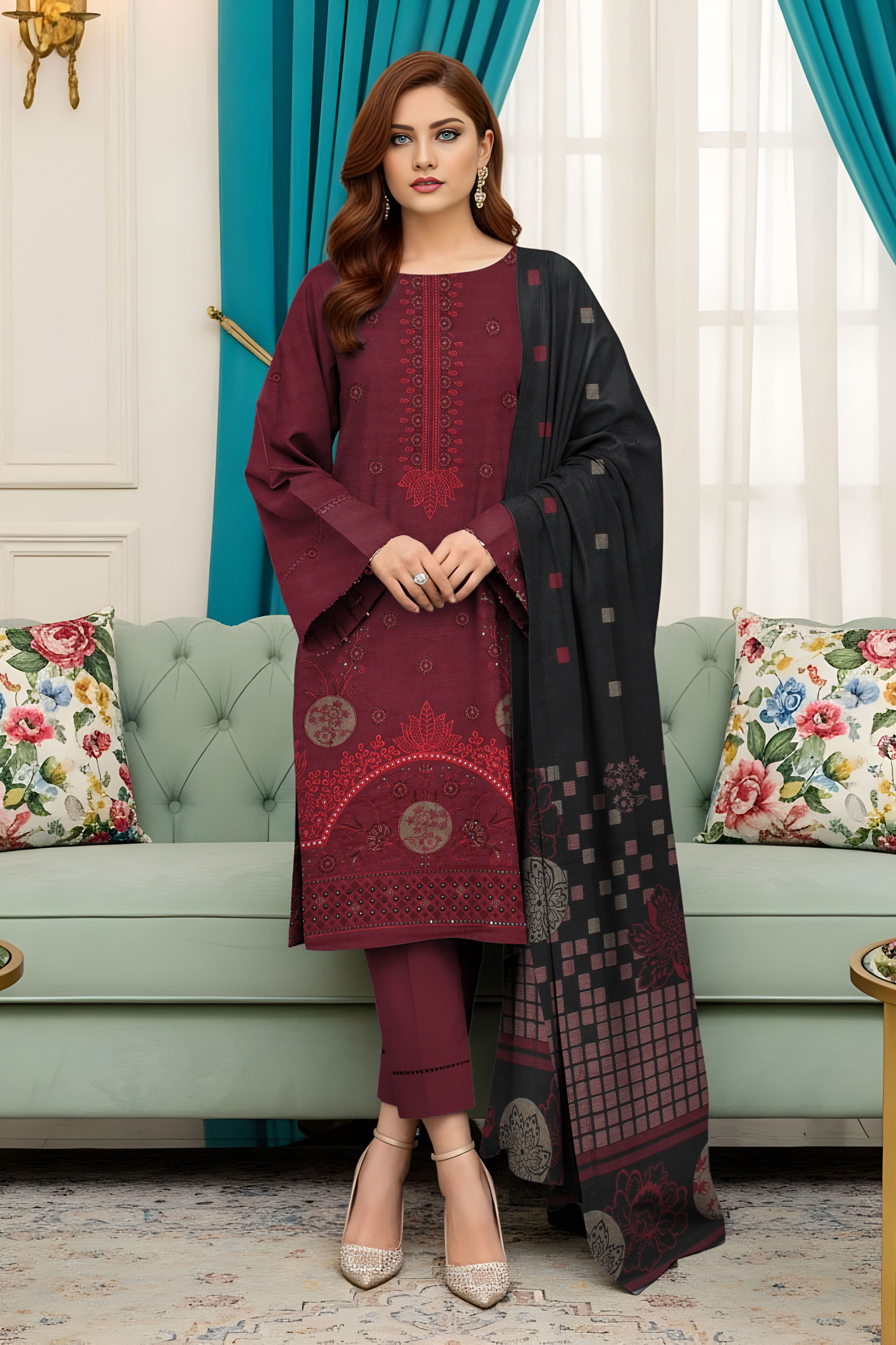 SASSI PEACH WOOL PRINT Shirt & Dupatta Vol-2560