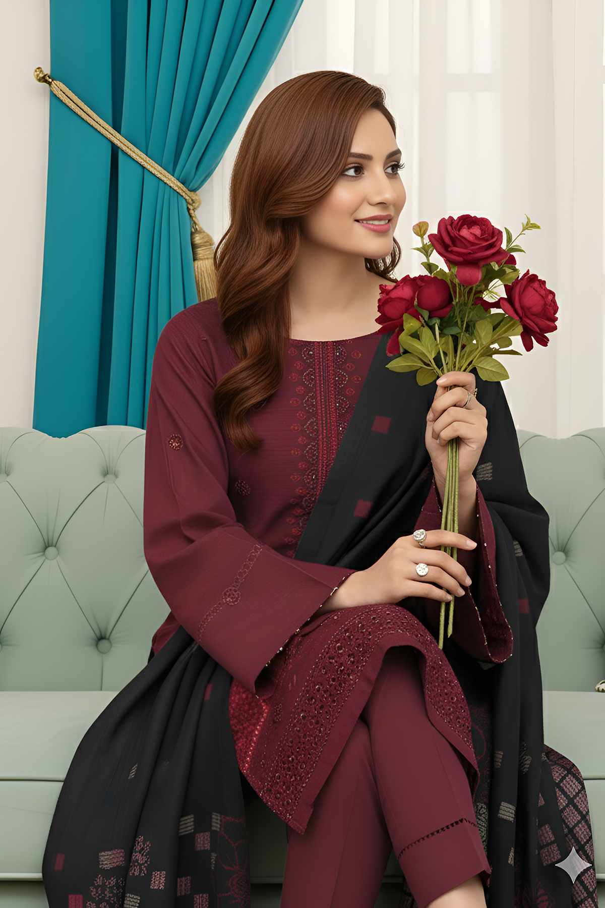 SASSI PEACH WOOL PRINT Shirt & Dupatta Vol-2560