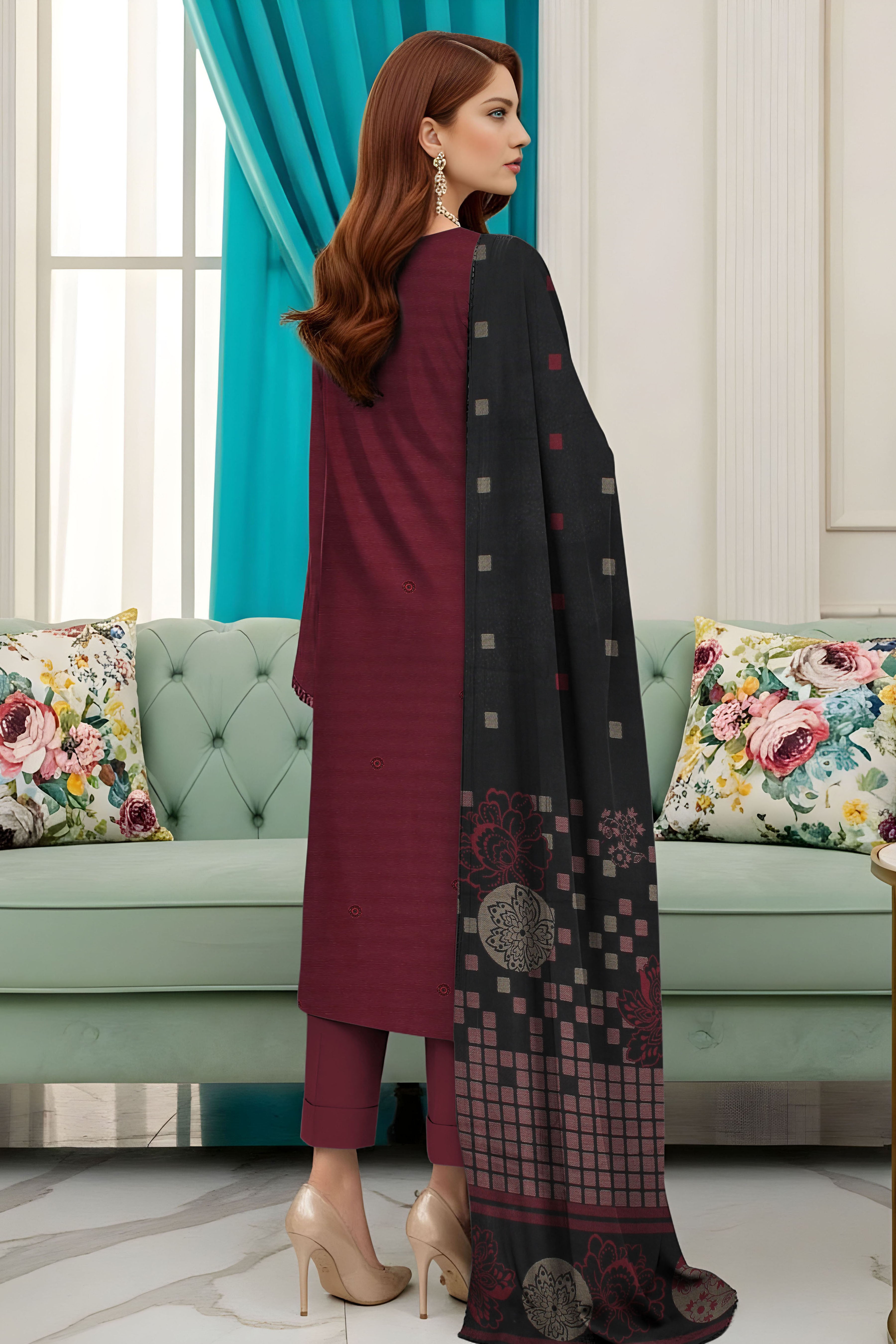 SASSI PEACH WOOL PRINT Shirt & Dupatta Vol-2560