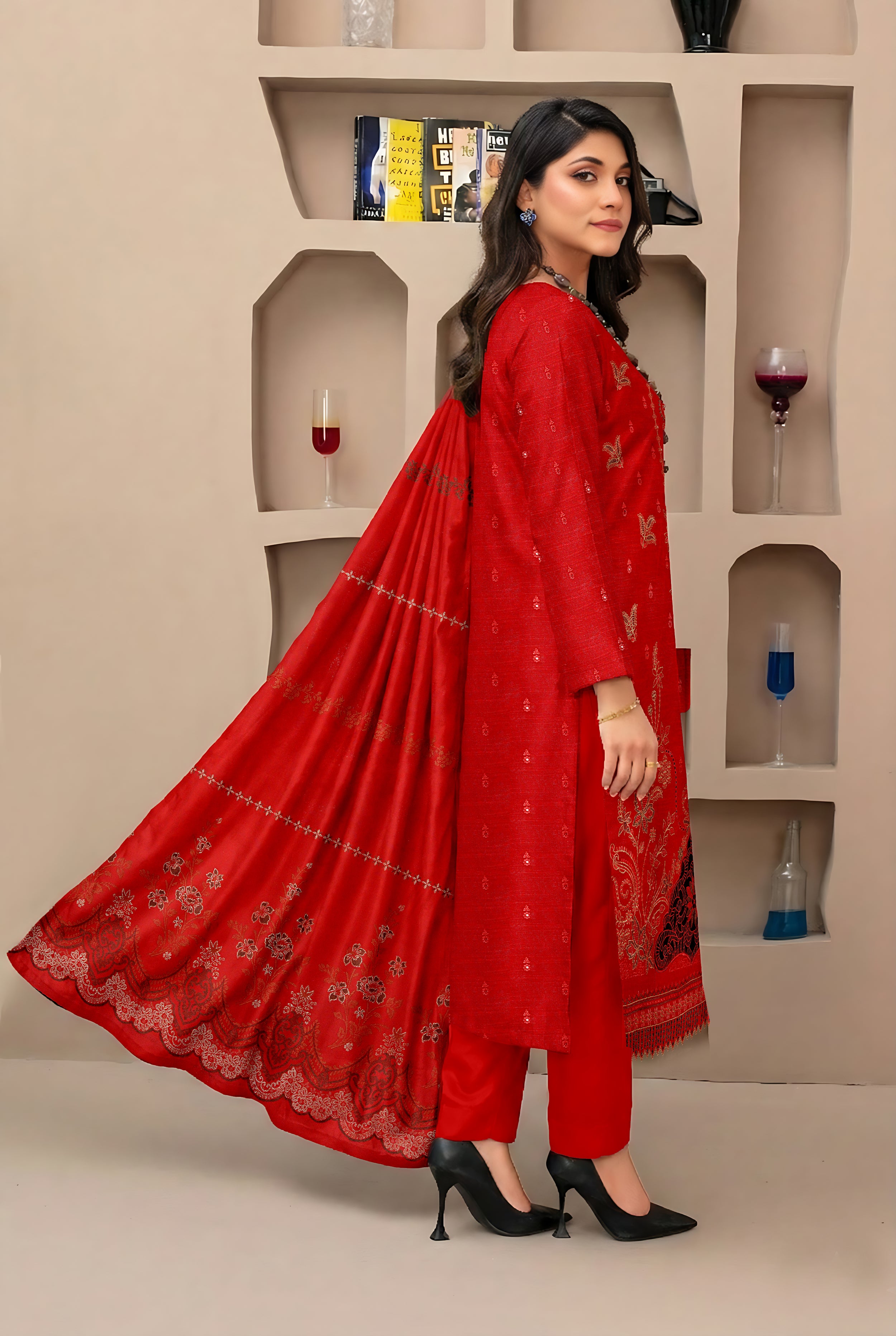 SASSI PEACH WOOL EMB Shirt & Dupatta Vol-2557