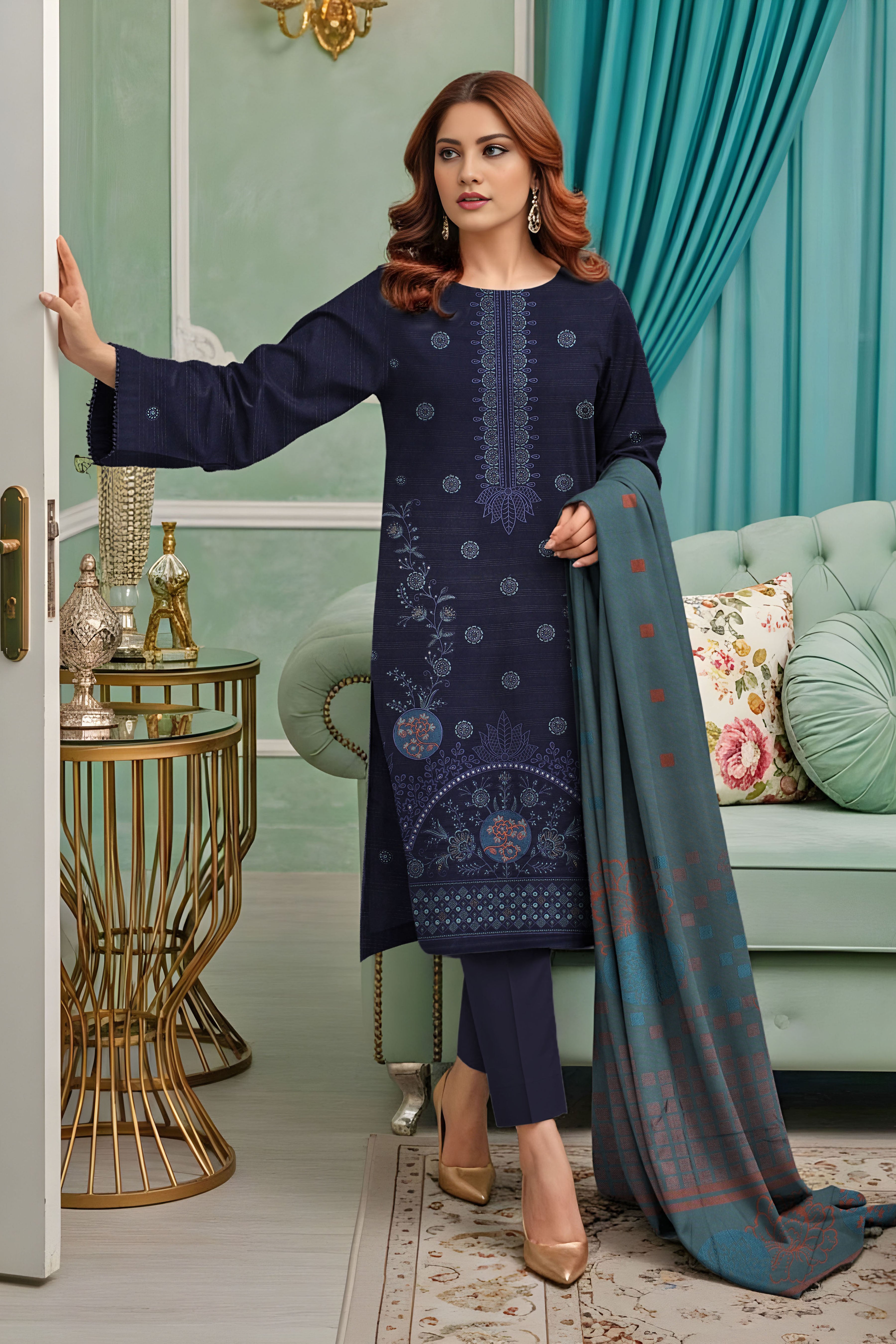 SASSI PEACH WOOL PRINT Shirt & Dupatta Vol-2560